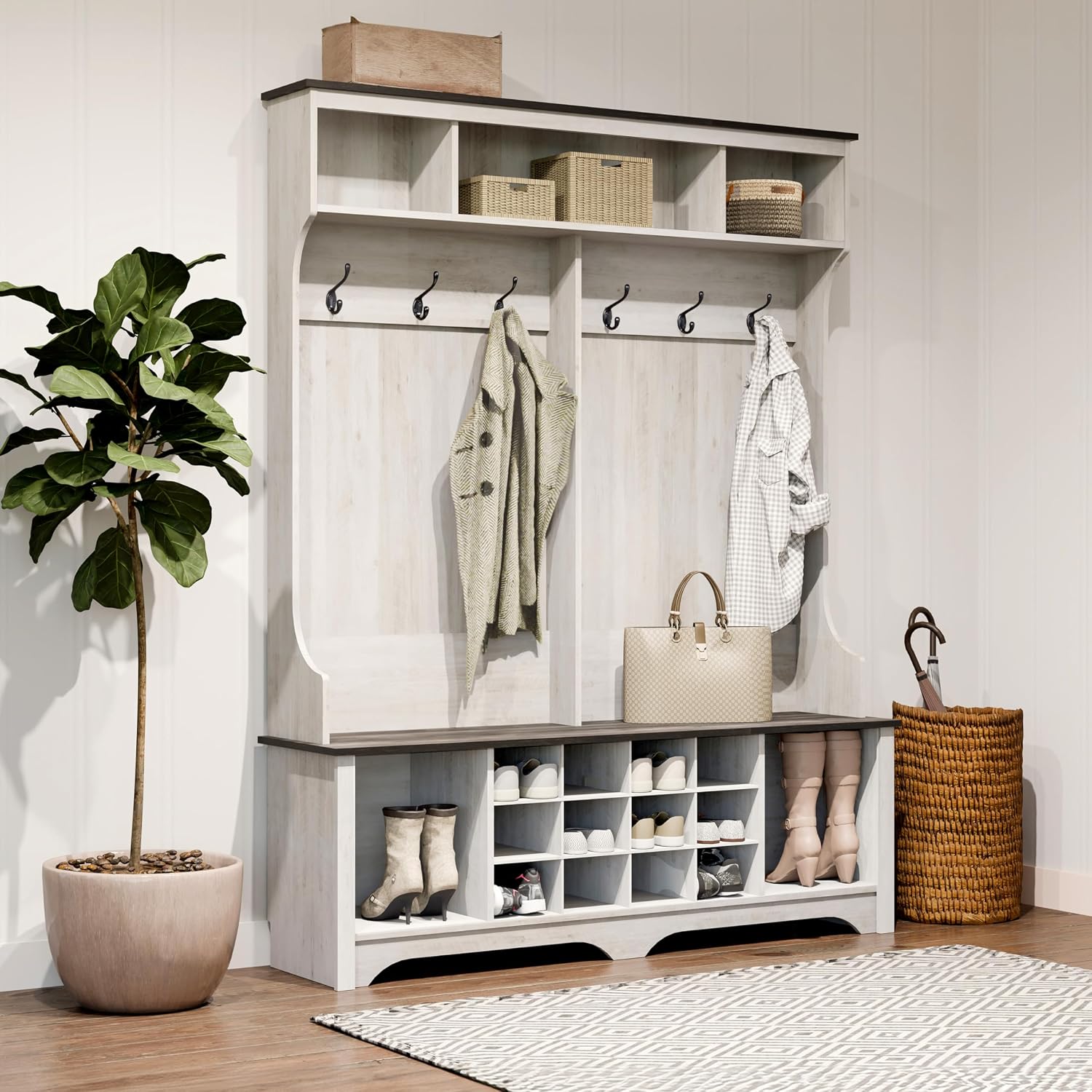 Prepac Farmhouse Washed White Hall Tree, Shoe Cabinet, Storage Cabinet with 12 Shoe Cubbies, 2 Boot Cubbies and 6 Double Coat Hooks 15.5" D x 60" W x 77" H