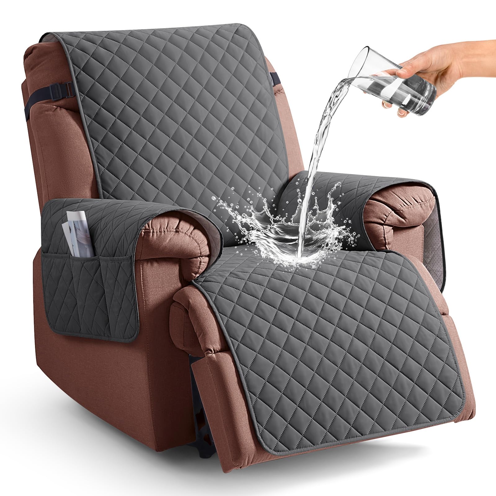 KinCam 100% Waterproof Recliner Chair Cover, Reclining Couch Covers for Pets, Dogs, Recliner Couch Slipcover Furniture Protector with Elastic Straps for Kids(23.6", Beige White)