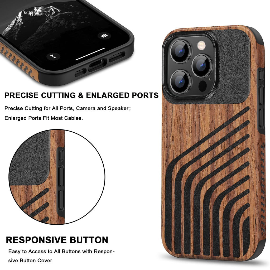 TENDLIN Compatible with iPhone 15 Case Wood Grain with Carbon Fiber Texture Design Leather Hybrid Slim Case (Black)