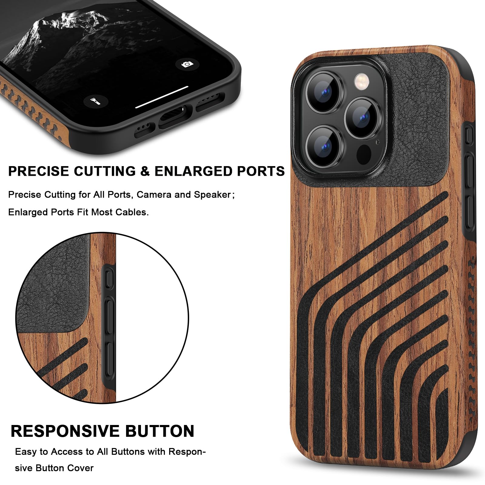 TENDLIN Compatible with iPhone 15 Case Wood Grain with Carbon Fiber Texture Design Leather Hybrid Slim Case (Black)