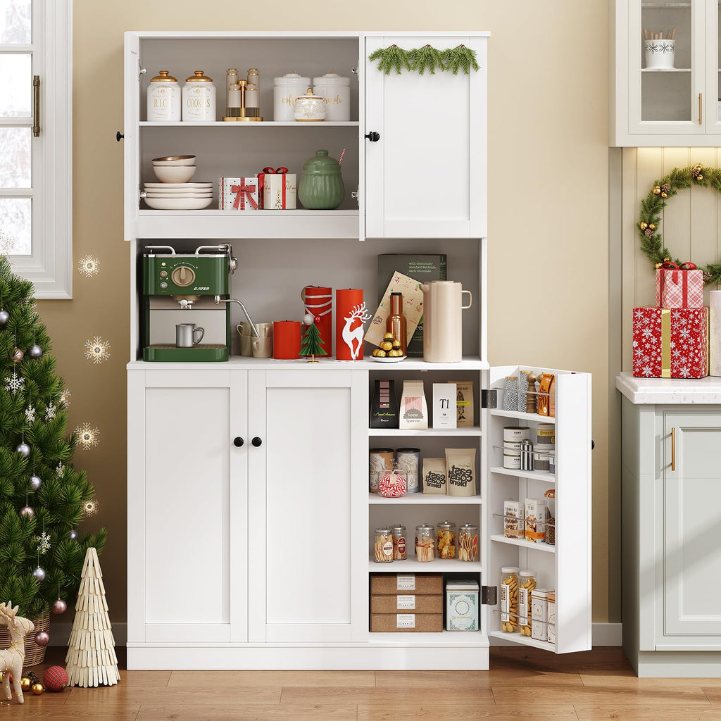 ONBRILL 71" Tall Kitchen Pantry Storage Cabinet with Microwave Stand & Door Shelf, Freestanding Kitchen Hutch with 6 Doors and Adjustable Shelves, Modern Food Pantry for Dining Room, Black