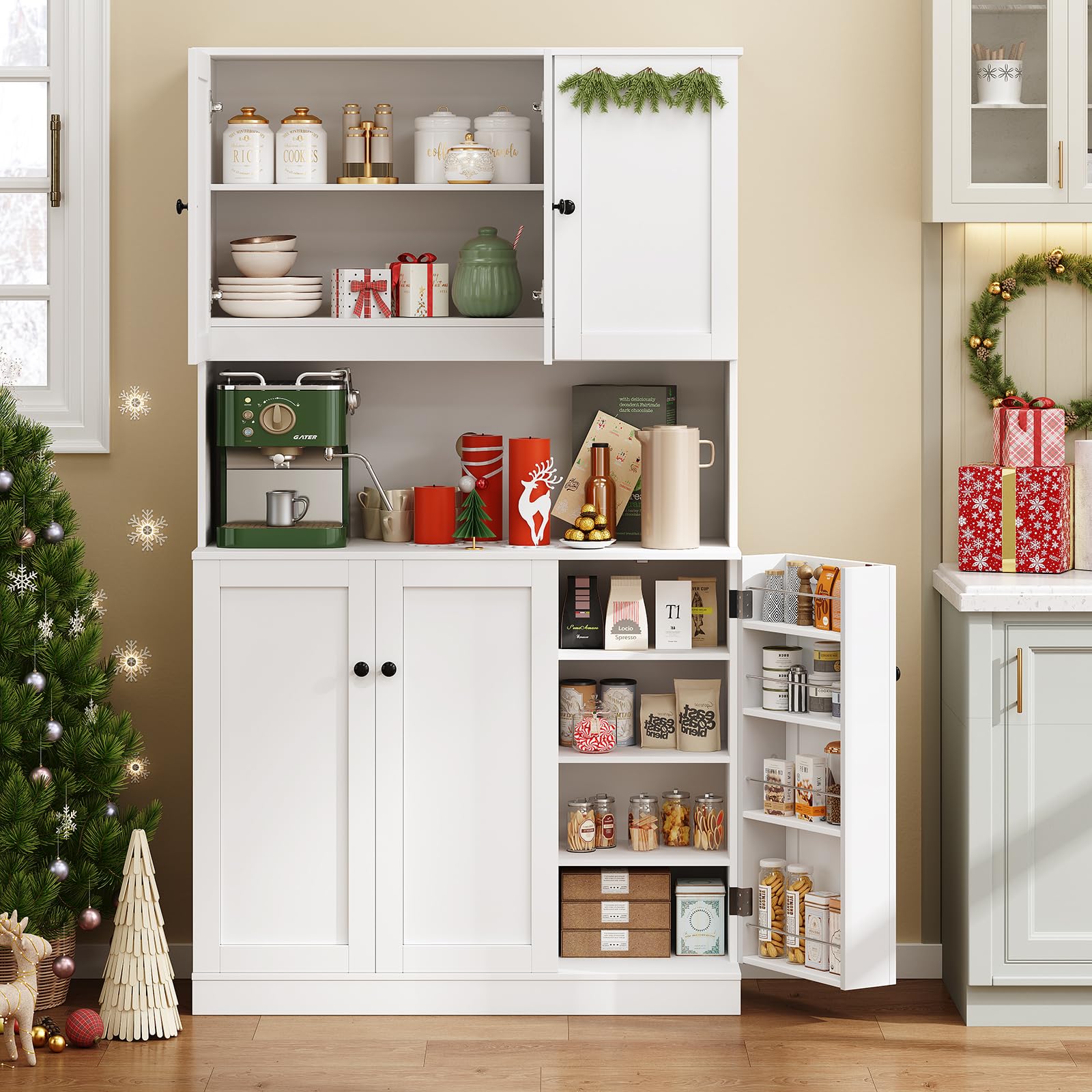 ONBRILL 71" Tall Kitchen Pantry Storage Cabinet with Microwave Stand & Door Shelf, Freestanding Kitchen Hutch with 6 Doors and Adjustable Shelves, Modern Food Pantry for Dining Room, Black
