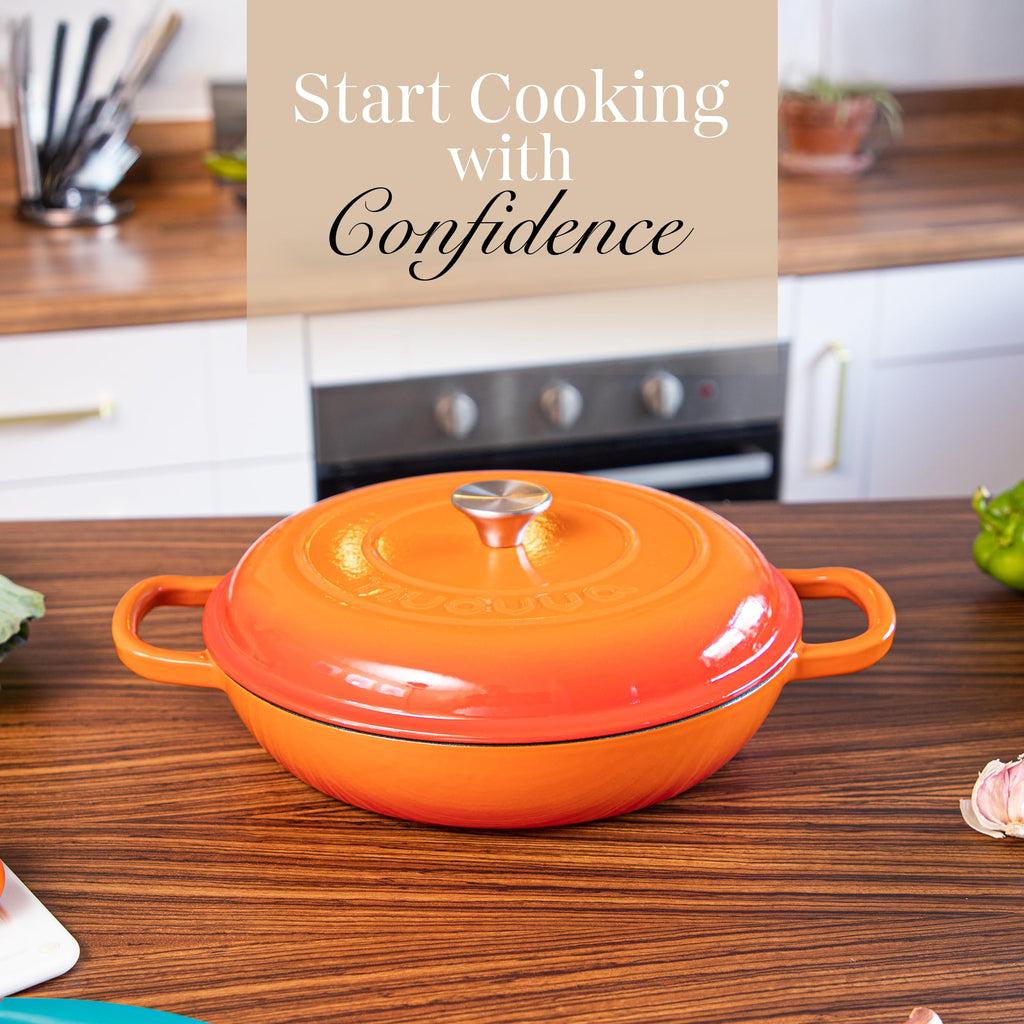 Shallow Cast Iron Casserole with Lid – Non Stick Dutch Oven Pot, Oven Safe up to 500° F – Sturdy Ovenproof Stockpot Cookware – Enamelled Cooking Pot – Black, 5-Quart, 32cm – by Nuovva