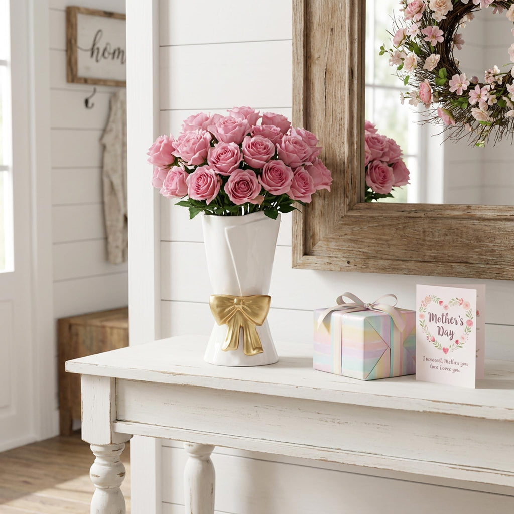 Relexome Beige Ceramic Bow Vase 9.64 in Unique Cute Modern Decorative Bouquet Flower Vases for Home Living Room Table Decor Women Girl Gifts
