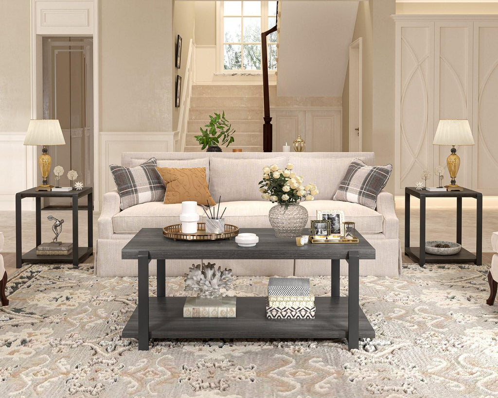 FOLUBAN Black Coffee Table, Modern Rustic Wood Center Table with Storage for Living Room, Industrial Rectangle 2 Tier Cocktail Tea Table, Black Oak