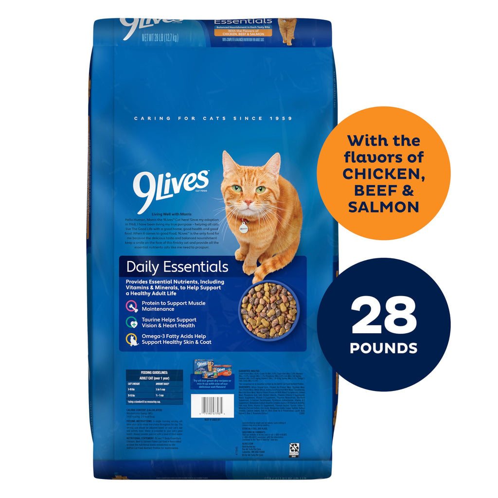 9Lives Daily Essentials Dry Cat Food for Adult Cats with Chicken, Beef & Salmon Flavors, 3.15 lb. Bag (Pack of 4)