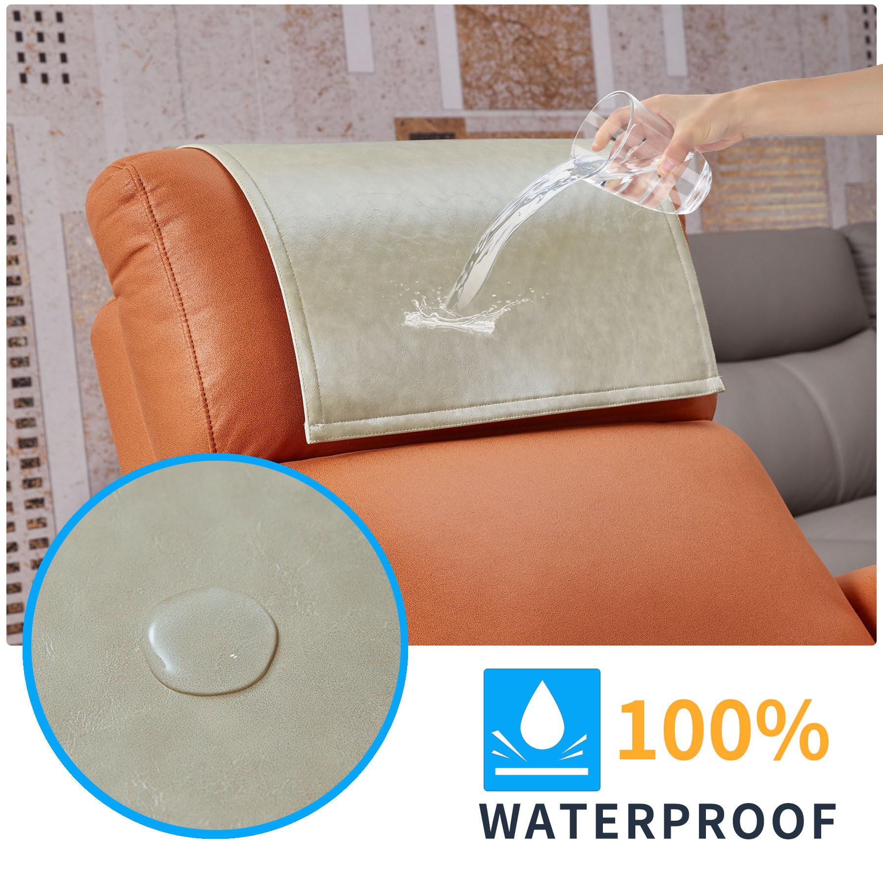 Non Slip Recliner Headrest Protector Washable Faux Leather Headrest Covers for Recliner Chair Waterproof Couch Head Rest Covers for Sofa,Furniture,Office Chair,Theater Seat (Beige)