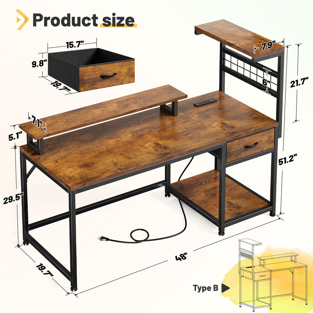 EnHomee 40" Gaming Desk with Power Outlets & LED Lights, Computer Desk with Drawer & Storage Shelve, Home Office Desk with Monitor Stand for Living Room, Study Room, Gaming Room, Black