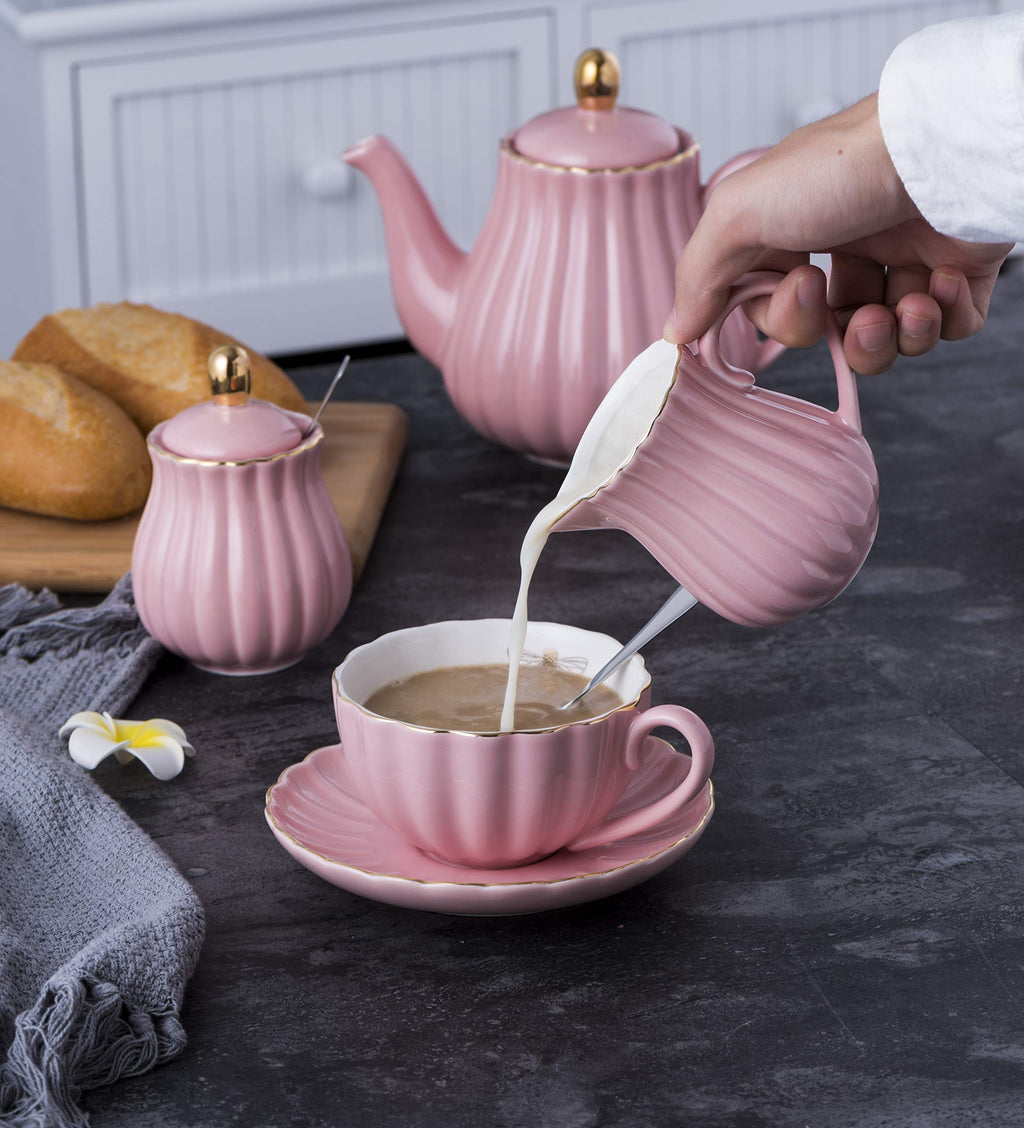 Jusalpha Serve for 6- Fine China Pink Coffee Cup/Teacup Set, 8 OZ Cups& Saucer, with Teapot-Sugar Bowl-Cream Pitcher Teaspoons and tea strainer for Tea/Coffee (Lavender, Serve of 6)