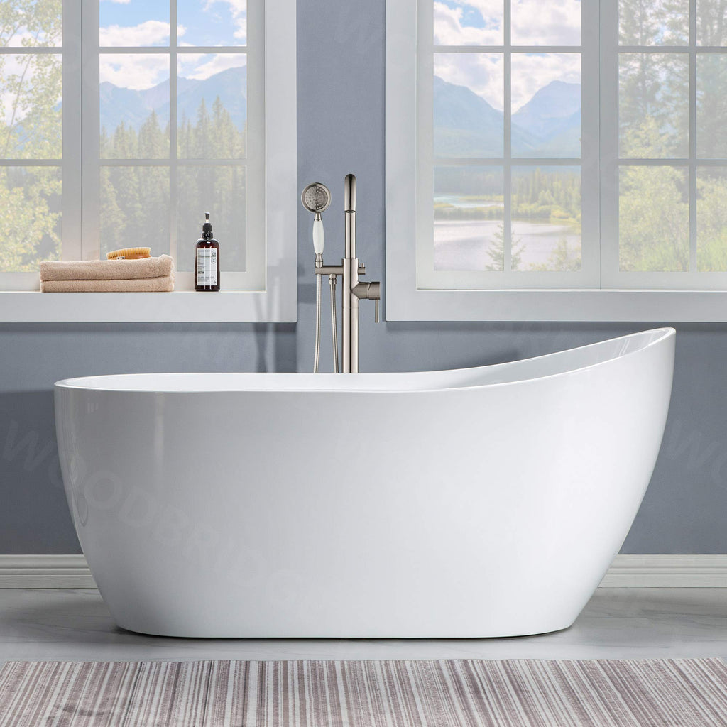 WOODBRIDGE 59" Acrylic Freestanding Bathtub Contemporary Soaking White Tub with Brushed Gold Overflow and Drain， B1530 -BG-Drain &O