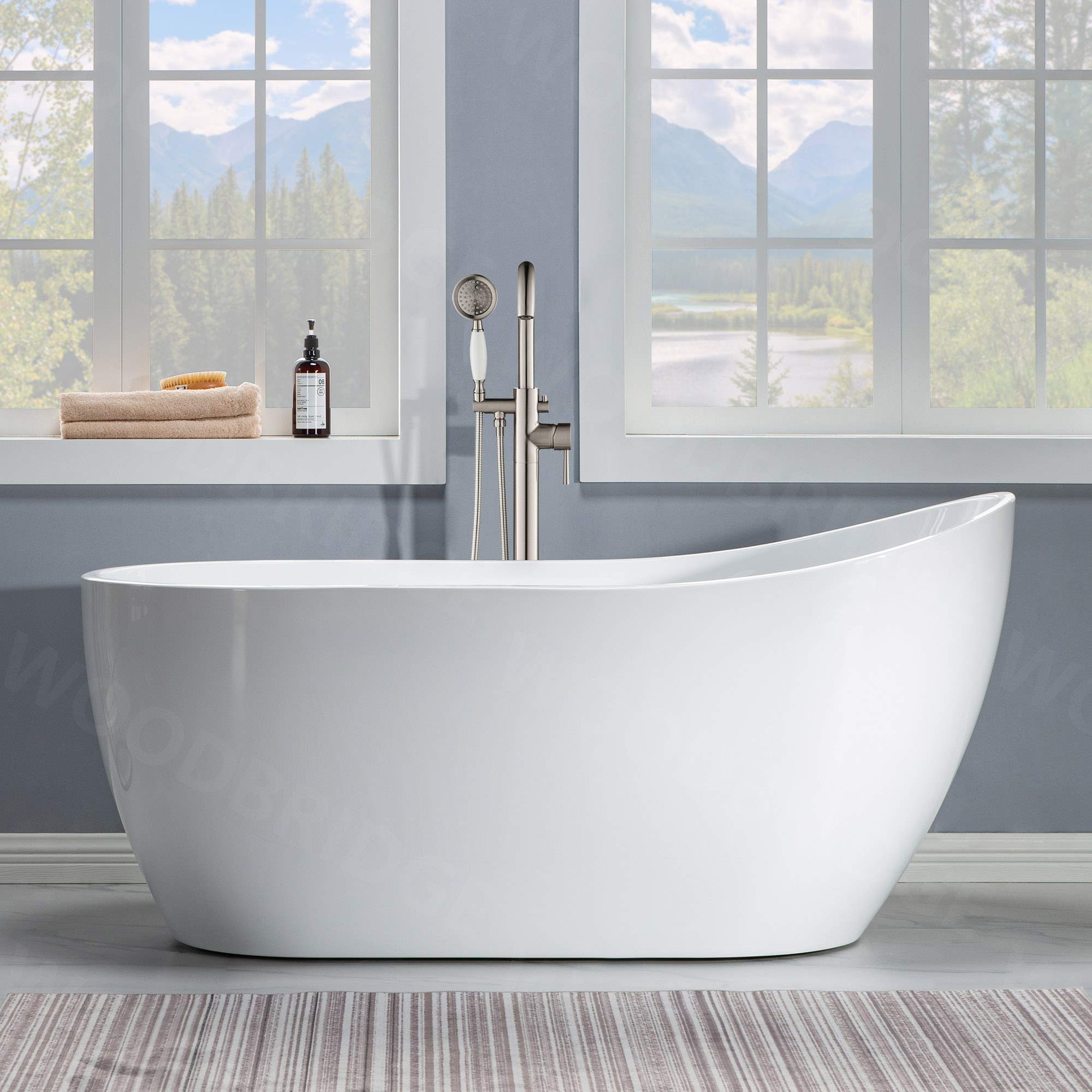 WOODBRIDGE 59" Acrylic Freestanding Bathtub Contemporary Soaking White Tub with Brushed Gold Overflow and Drain， B1530 -BG-Drain &O