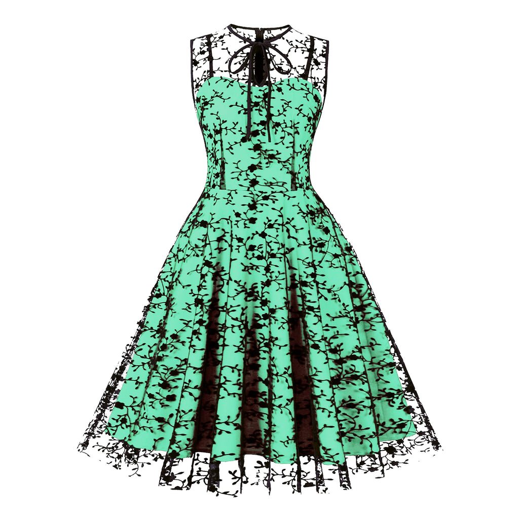 Women Mesh Floral Embroidery Vintage Cocktail Swing Dress Illusion 50s Goth Flared A line Casual Wedding Prom Evening Dress