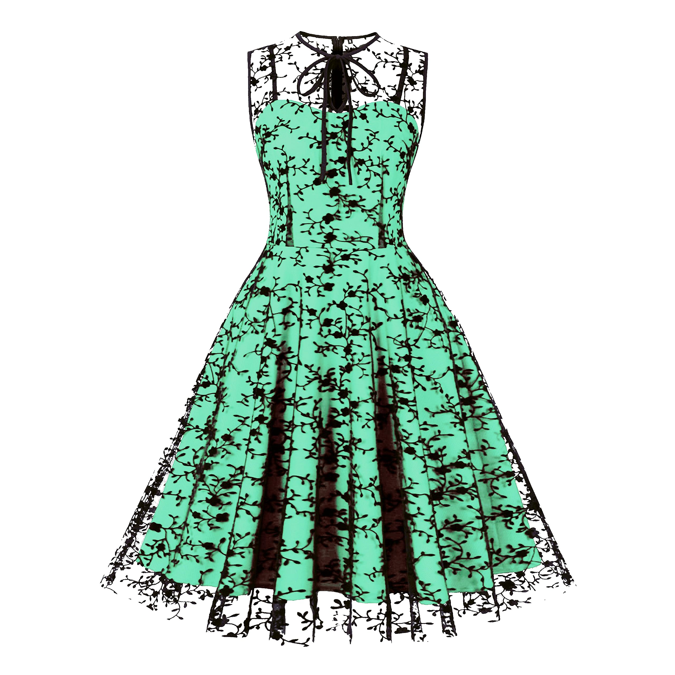 Women Mesh Floral Embroidery Vintage Cocktail Swing Dress Illusion 50s Goth Flared A line Casual Wedding Prom Evening Dress