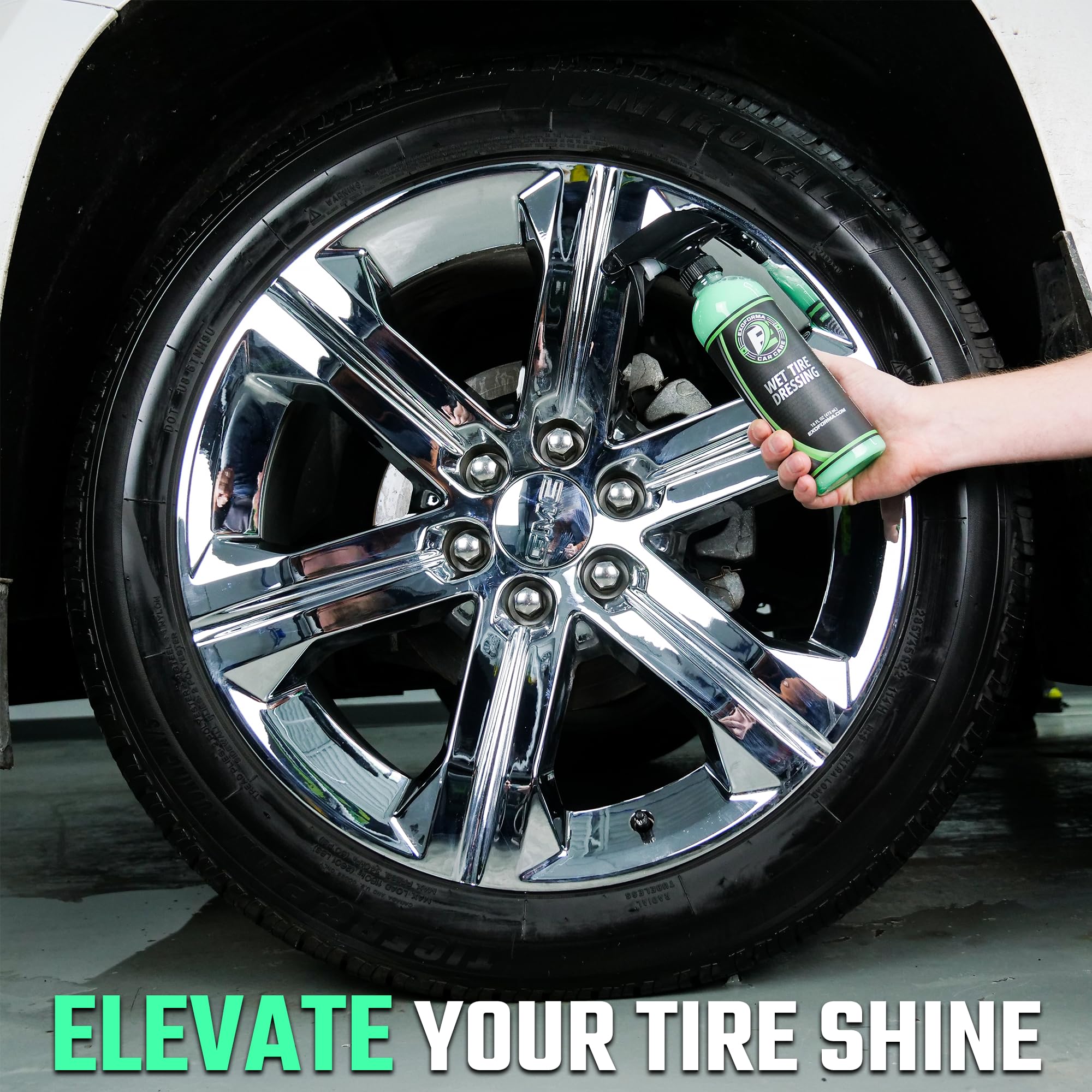 ExoForma Wet Tire Dressing Spray - Extremely High Shine Tire Dressing for That Wet Look - No Sling, Non-Greasy Silicone Formula with UV Protection - Easy to Apply, Minimal Cure Time - 16 fl oz