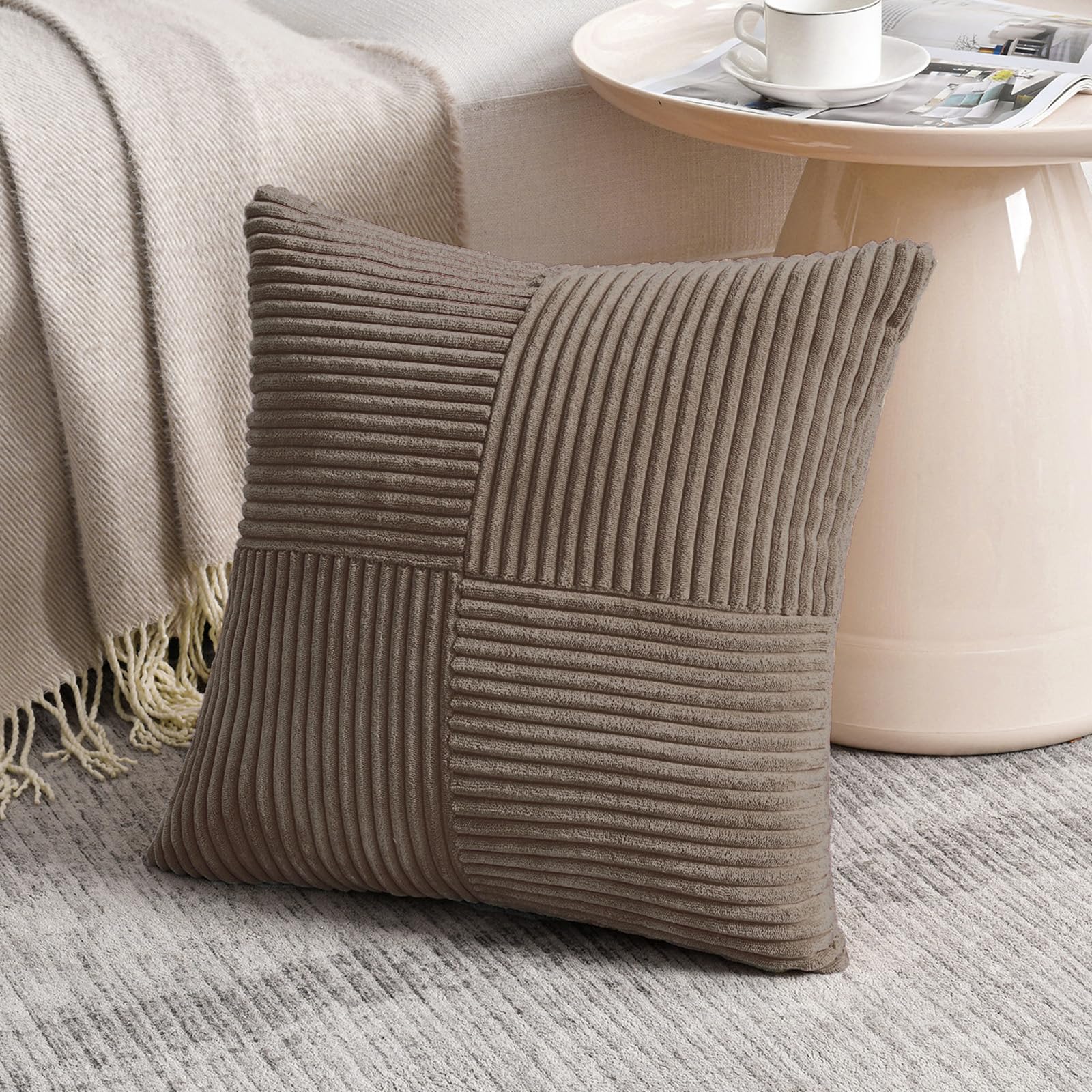 Fancy Homi Olive Green Samll Decorative Throw Pillow Covers 12x12 Inch with for Living Room Couch Bed Sofa, Rustic Farmhouse Boho Home Decor, Soft Corss Patchwork Corduroy Square Cushion Case 30x30 cm