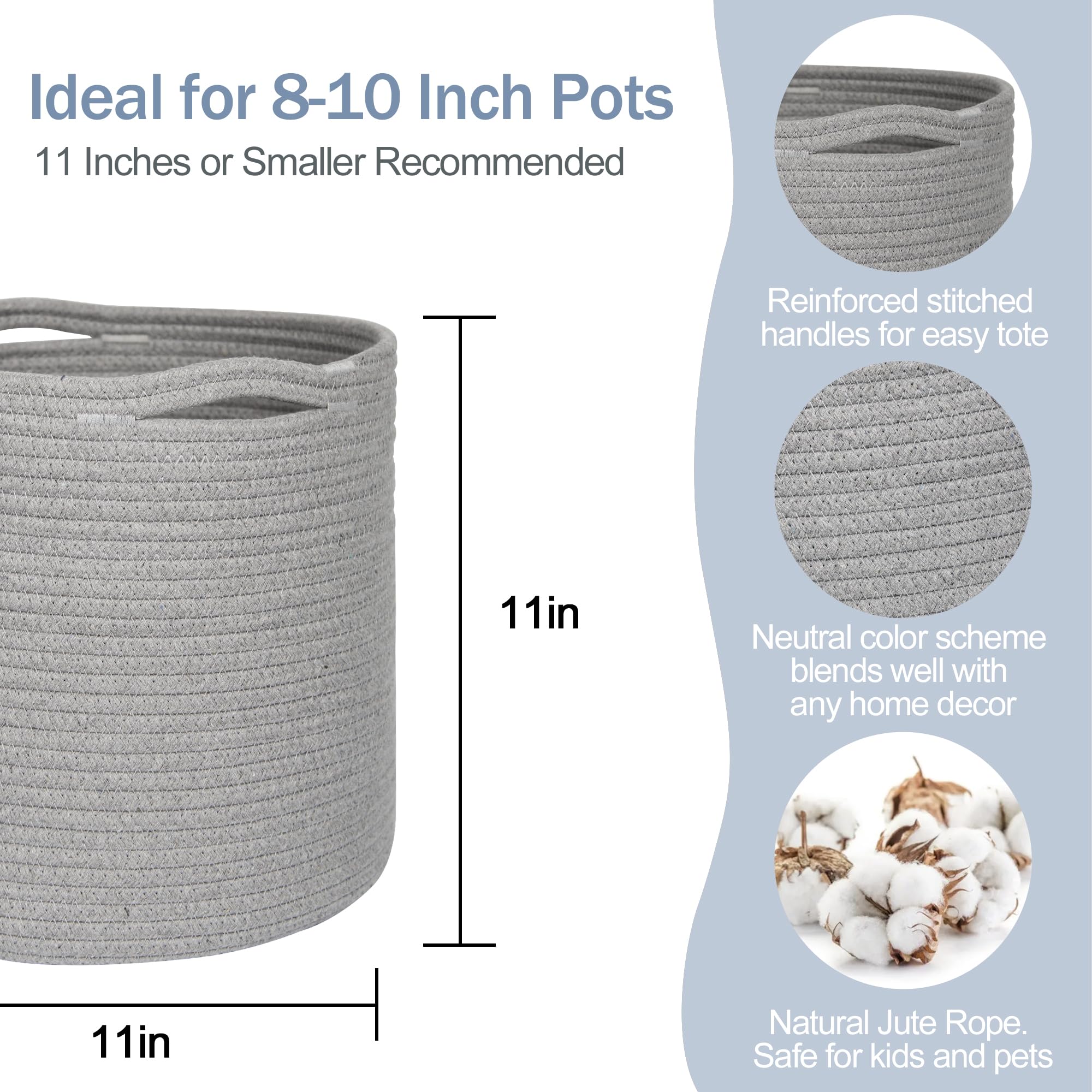 MEGASKET Cotton Rope Plant Basket, Woven Basket Planter for 10 inch Pot, Round Indoor Tree Pot Cover, Small Storage Bin Organizer, Modern Bins for Plants and Home Decor, 11”X11”, Black