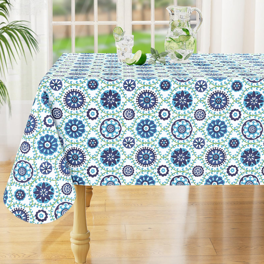 misaya Square Waterproof Vinyl Table Cloth, Wipeable Tablecloth with Flannel Backing, Plastic Table Cover for Dinner, Picnic, Indoor and Outdoor (Blue Leaves, 54" x 54")