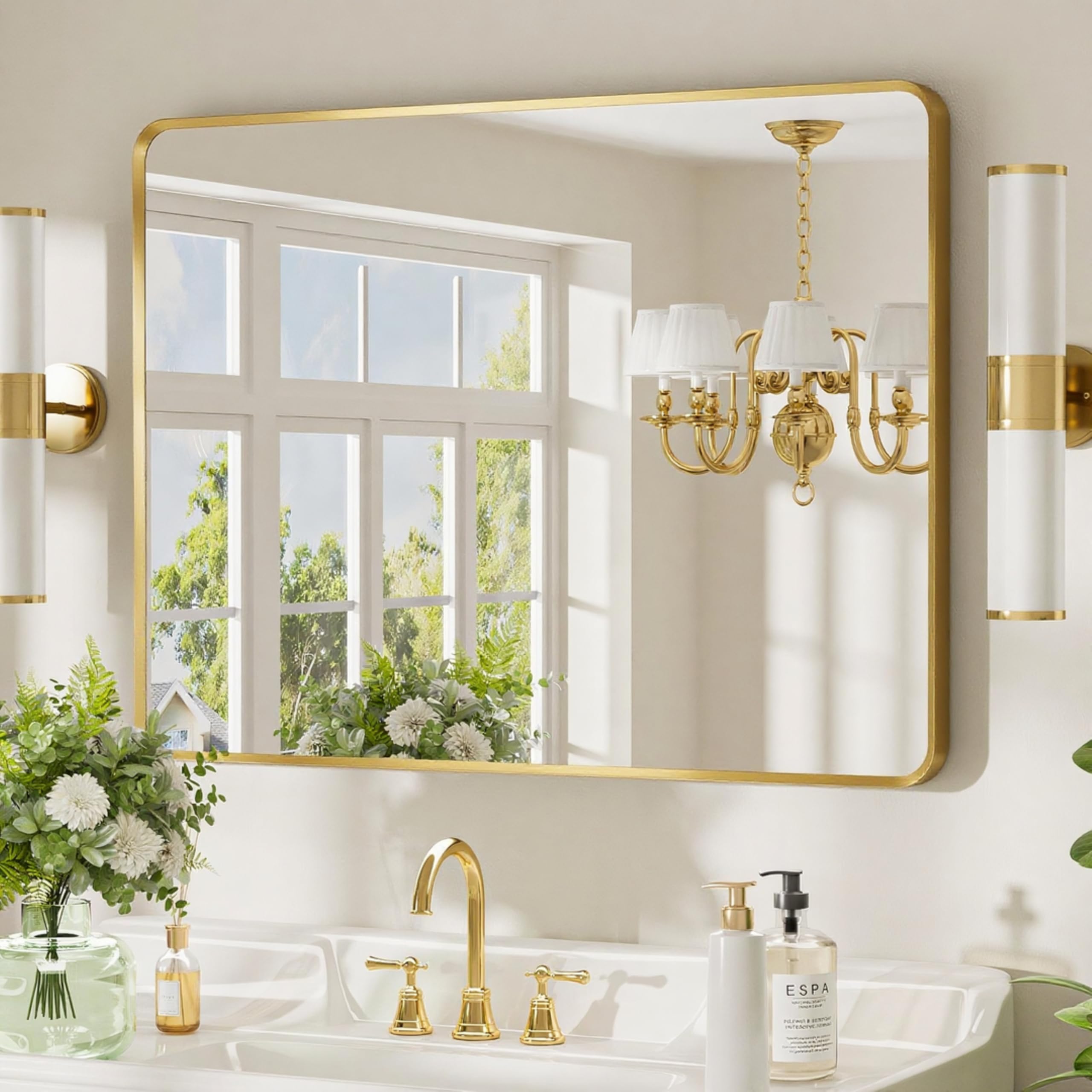 22x30 inch Gold Bathroom Mirror,Rounded Rectangle Gold Metal Framed, HD Tempered Glass, Horizontal or Vertical Hanging, Modern Bathroom Decor