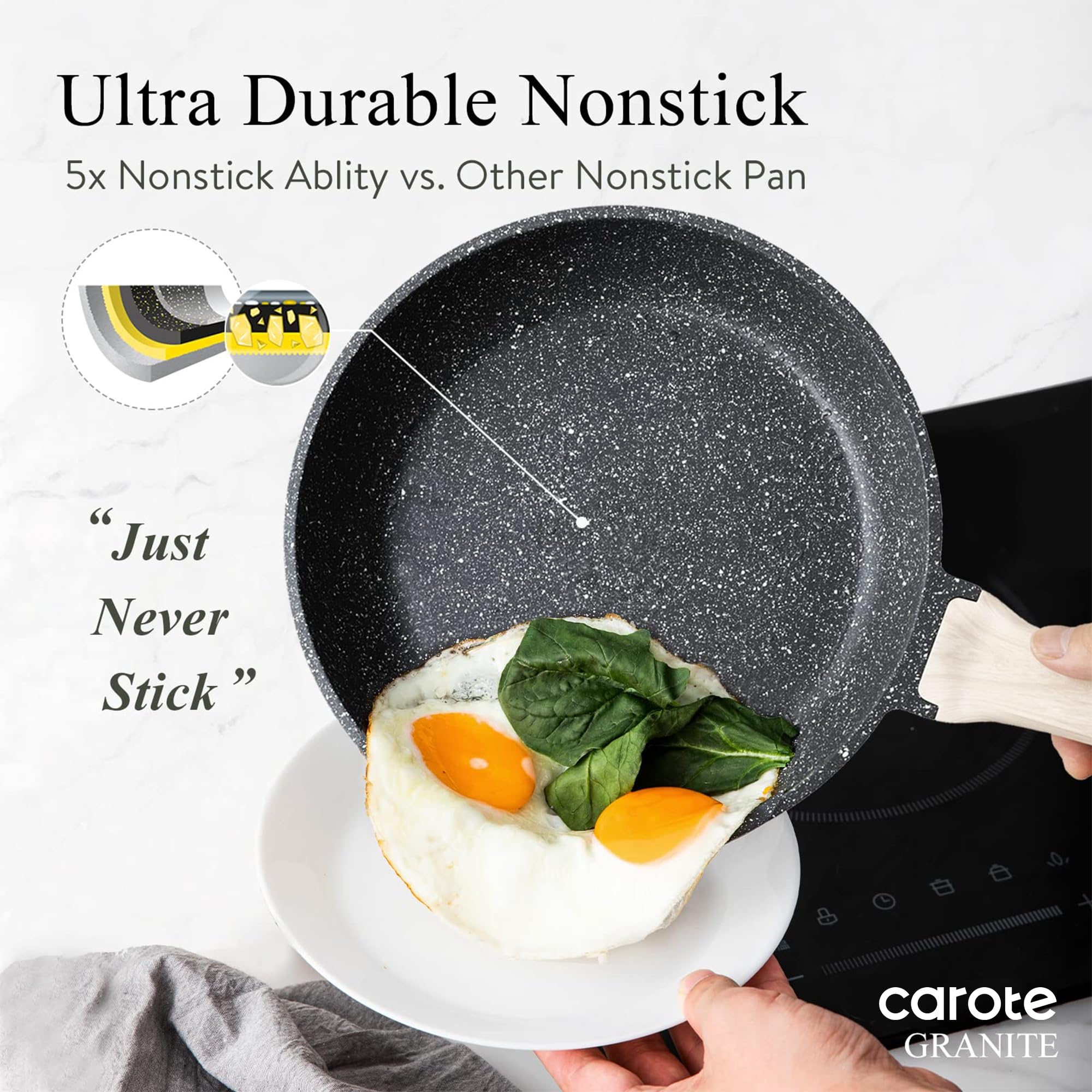 CAROTE 21pcs Pots and Pans Set Nonstick, Cookware Set Black Induction Kitchen Cooking Set w/Frying Pans & Saucepans(PFOS, PFOA Free)