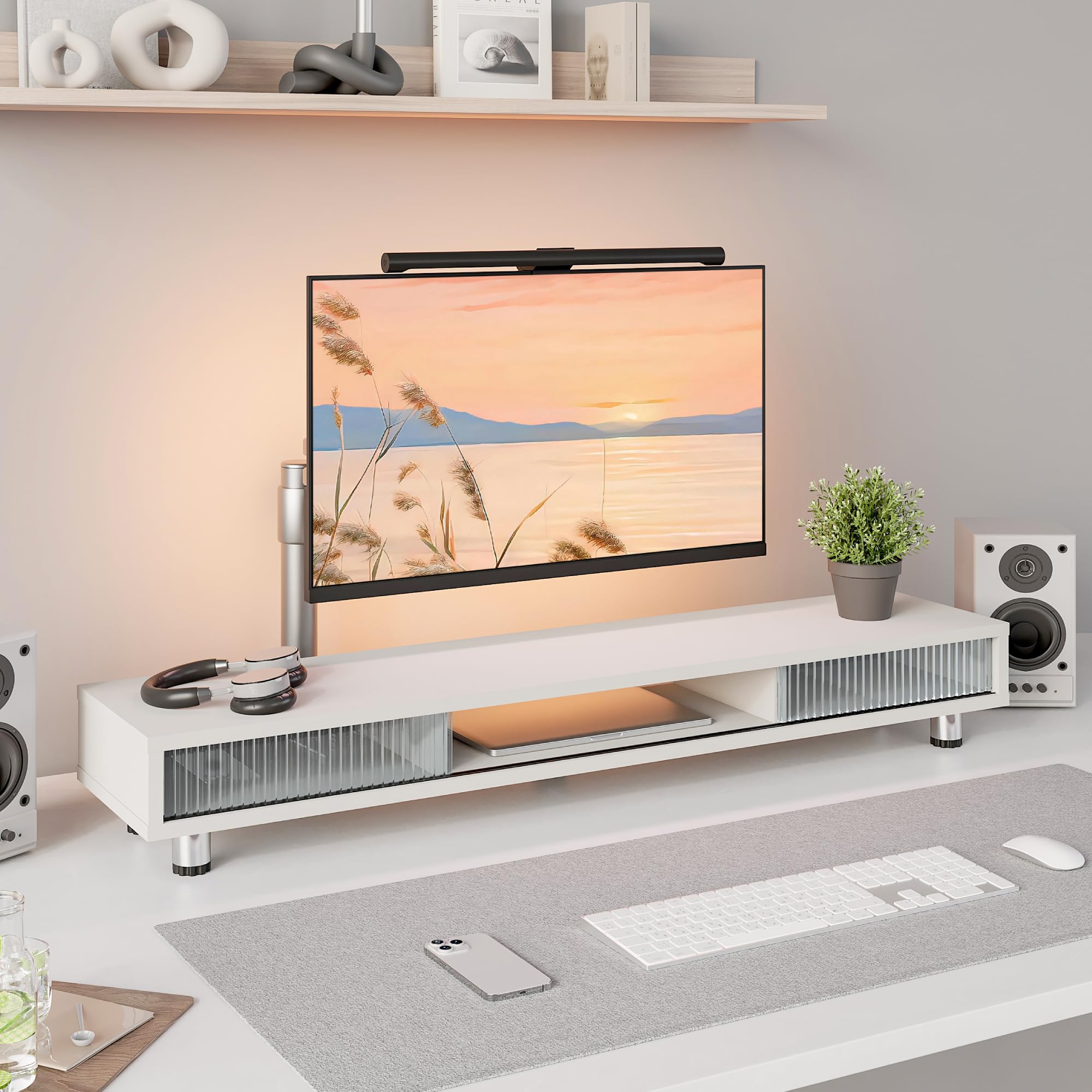Fenge Dual Monitor Stand, 42.5inch Long Monitor Stands Riser for 2 Monitors, Glass Sliding Door with Storage Organizer Stand for Desk, 2 Tier Desk Shelf for Laptop, Pc, Printer, Computer, TV