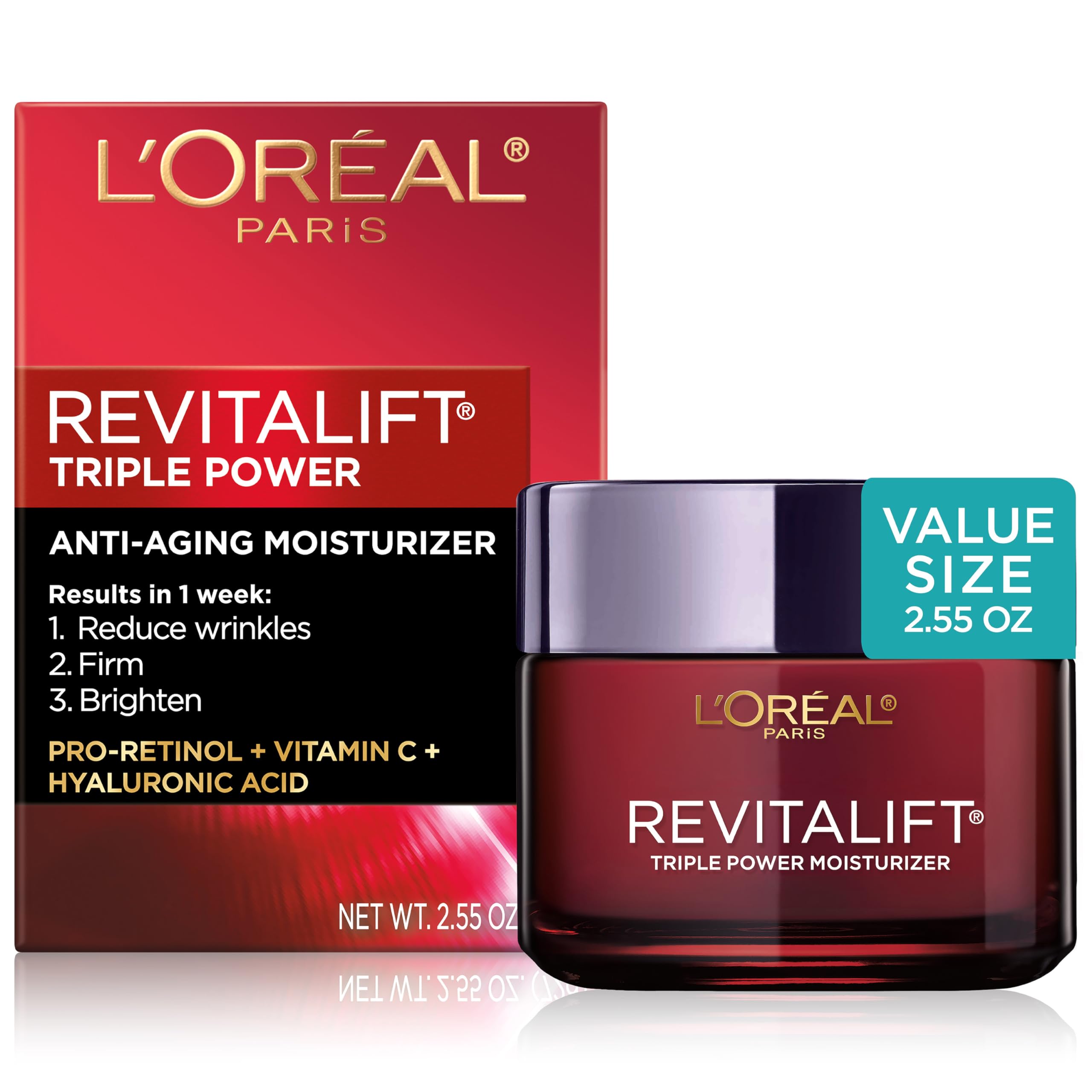 L'Oreal Paris Revitalift Triple Power Anti-Aging Face Moisturizer, Pro Retinol, Hyaluronic Acid & Vitamin C to Reduce Wrinkles, Firm & Brighten Skin, 2.55 Oz