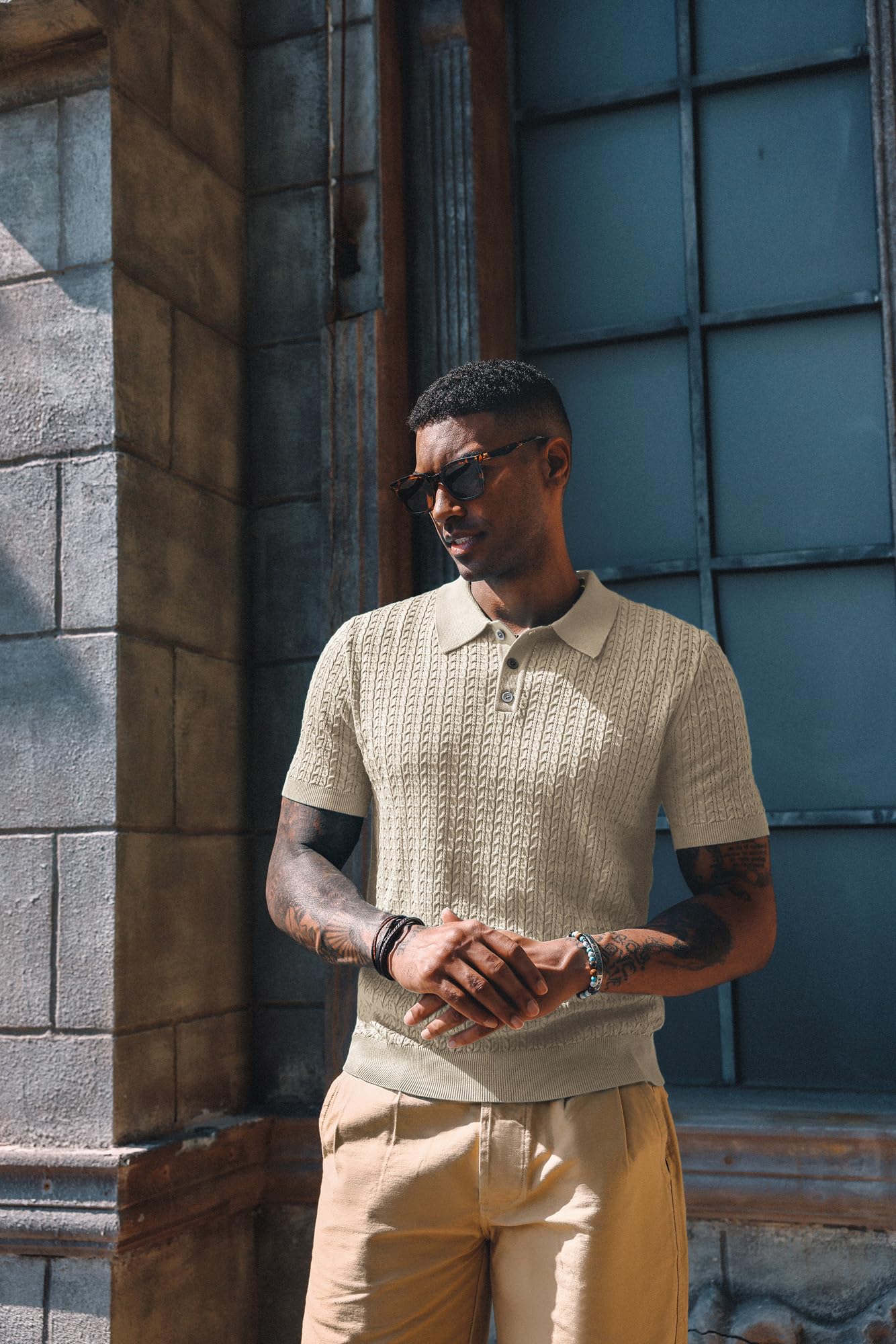 PJ PAUL JONES Mens Knit Polo Shirt Short Sleeve Hollow Out Knit Shirt Texture Knitted Polo