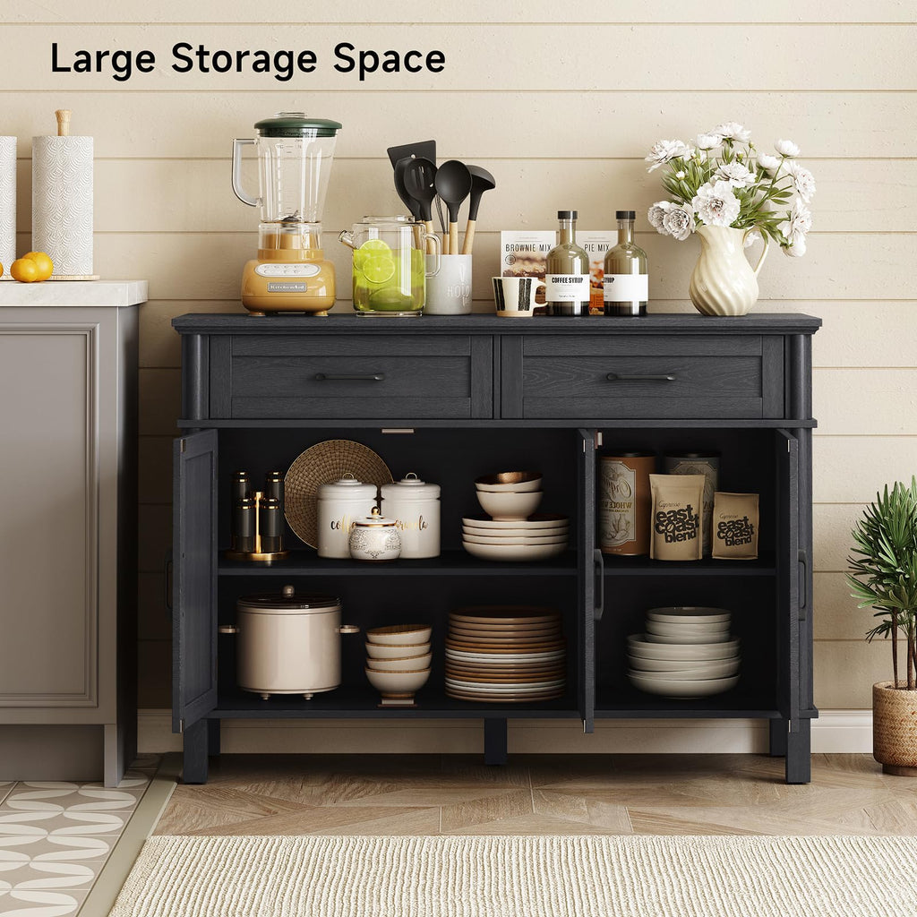 ONBRILL 48 Inches Buffet Cabinet with Storage, Farmhouse Sideboard Buffet w/2 Drawers and 3 Doors, Wood Coffee Bar Cabinet with Adjustable Shelves, Sideboard Storage for Kitchen, Living Room, Black