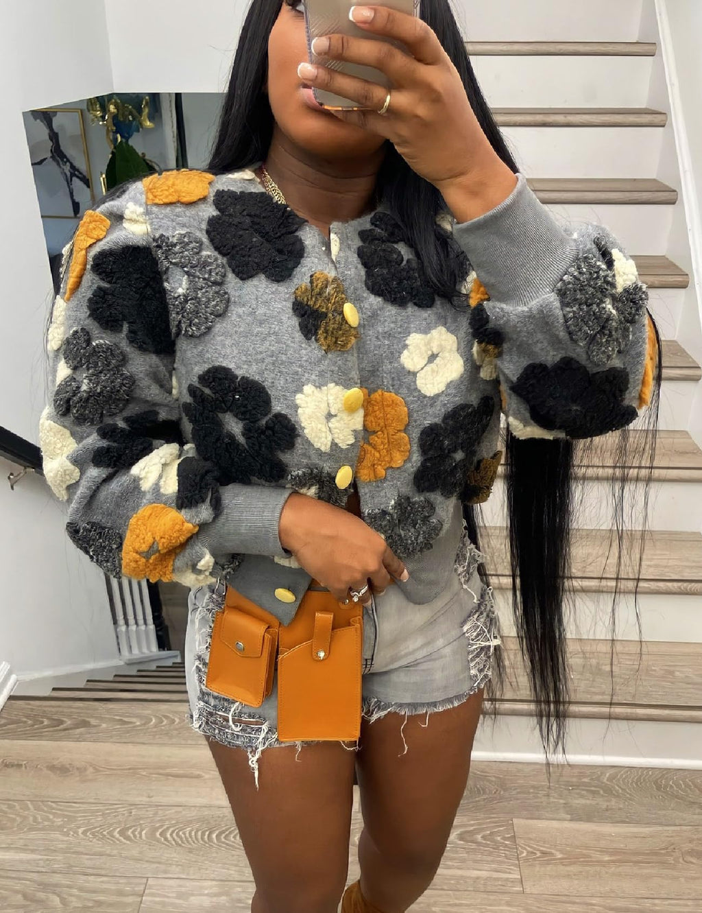 Womens Cropped Floral Print Jacket Warm Fleece Bomber Jacket Casual Button Down Coats Fall Puff Outerwears