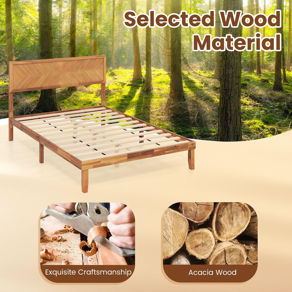 Giantex Wood Twin Bed Frames with Headboard, Solid Acacia Wood Platform Bed with 12 Strong Wooden Slat Support, Scandinavian Style Art Deco Twin Size Bed Frame, No Box Spring Needed, Rustic Brown