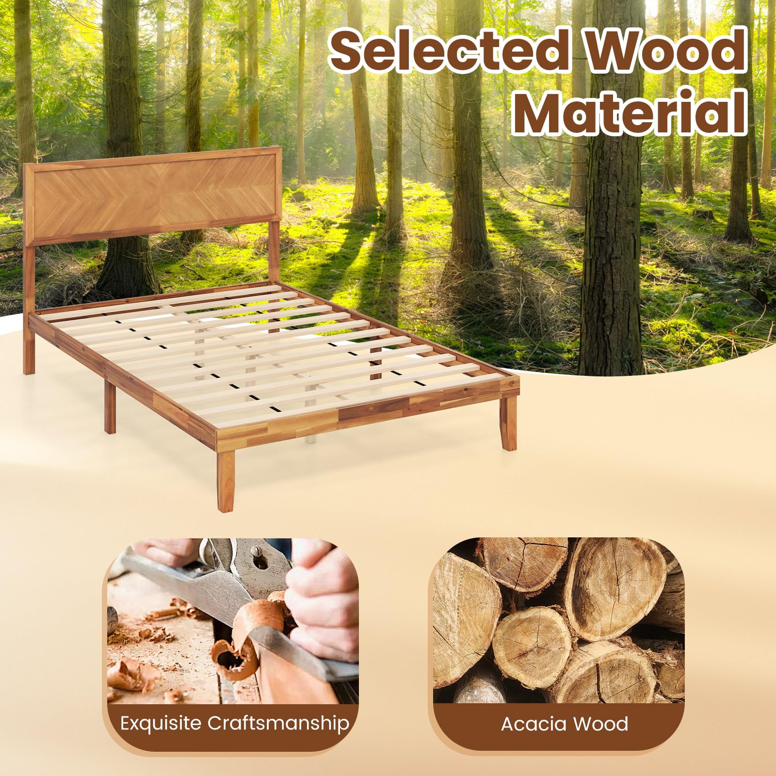 Giantex Wood Twin Bed Frames with Headboard, Solid Acacia Wood Platform Bed with 12 Strong Wooden Slat Support, Scandinavian Style Art Deco Twin Size Bed Frame, No Box Spring Needed, Rustic Brown