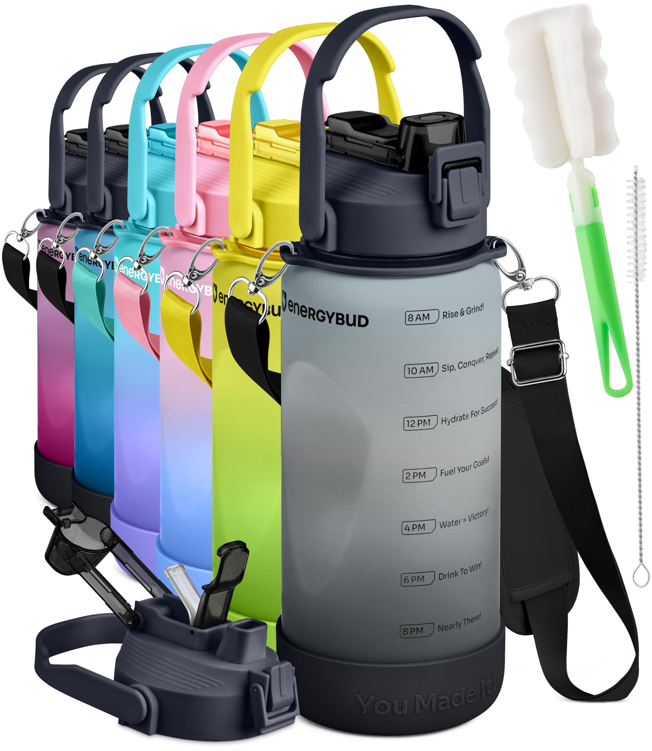 1/2 Gallon Water Bottle with 74.3 oz Capacity - Motivational Time Markers for Daily Hydration Goals - Leakproof BPA Free Tritan with Removable Straw