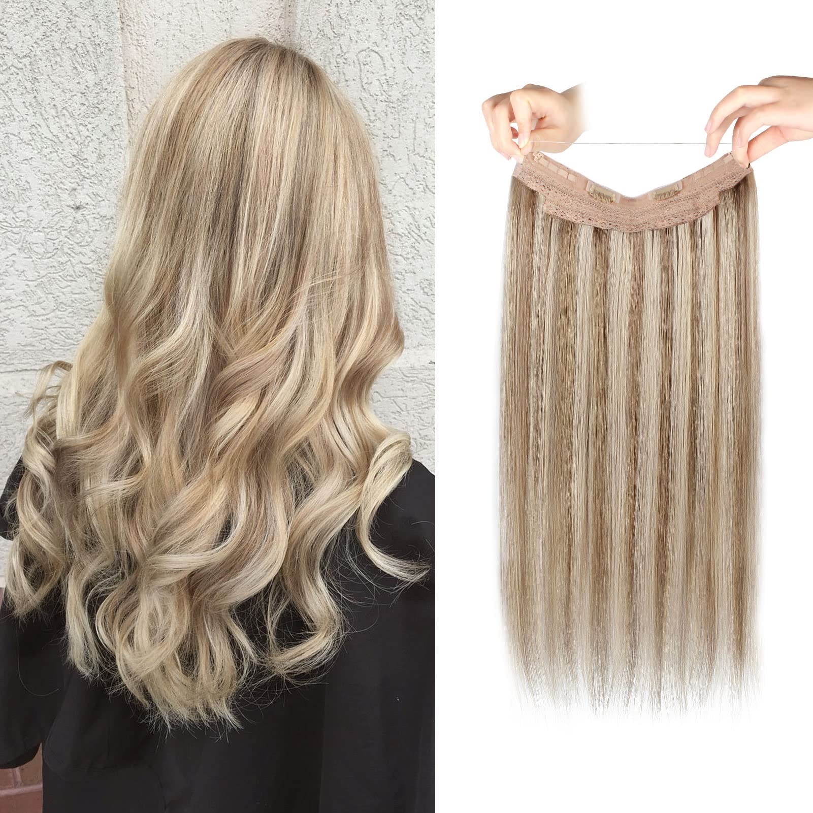 Sassina Invisible Wire Hair Extensions Real Human Hair with Transparent Wire Adjustable Size Secure Clips Natural Straight Secret Miracle Hairpiece, #1 Jet Black 12 Inch 70 Gram