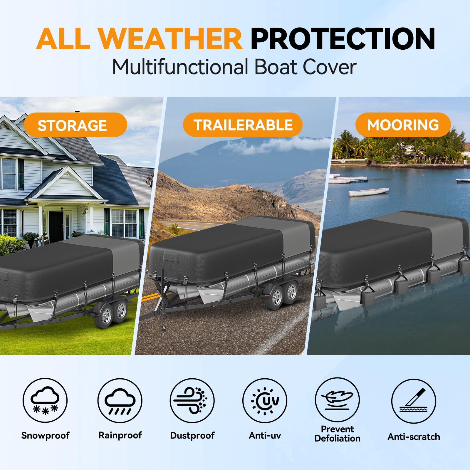 5-Ply 1600D+1200D Pontoon Boat Cover - Fully Waterproof & Ultra-Durable Tear-Resistant, with Large Storage Bag & Reinforced Windproof Straps (Fits 17'-20' Length,102" Width)