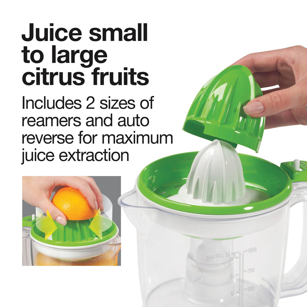 Proctor Silex Electric Citrus Juicer Machine, Large 34 oz. Pitcher, Pressure Activated, 2 Reamers for Big and Small Fruit, Pulp Control, for Orange, Lemon, Grapefruit Juice, White & Green (66340)