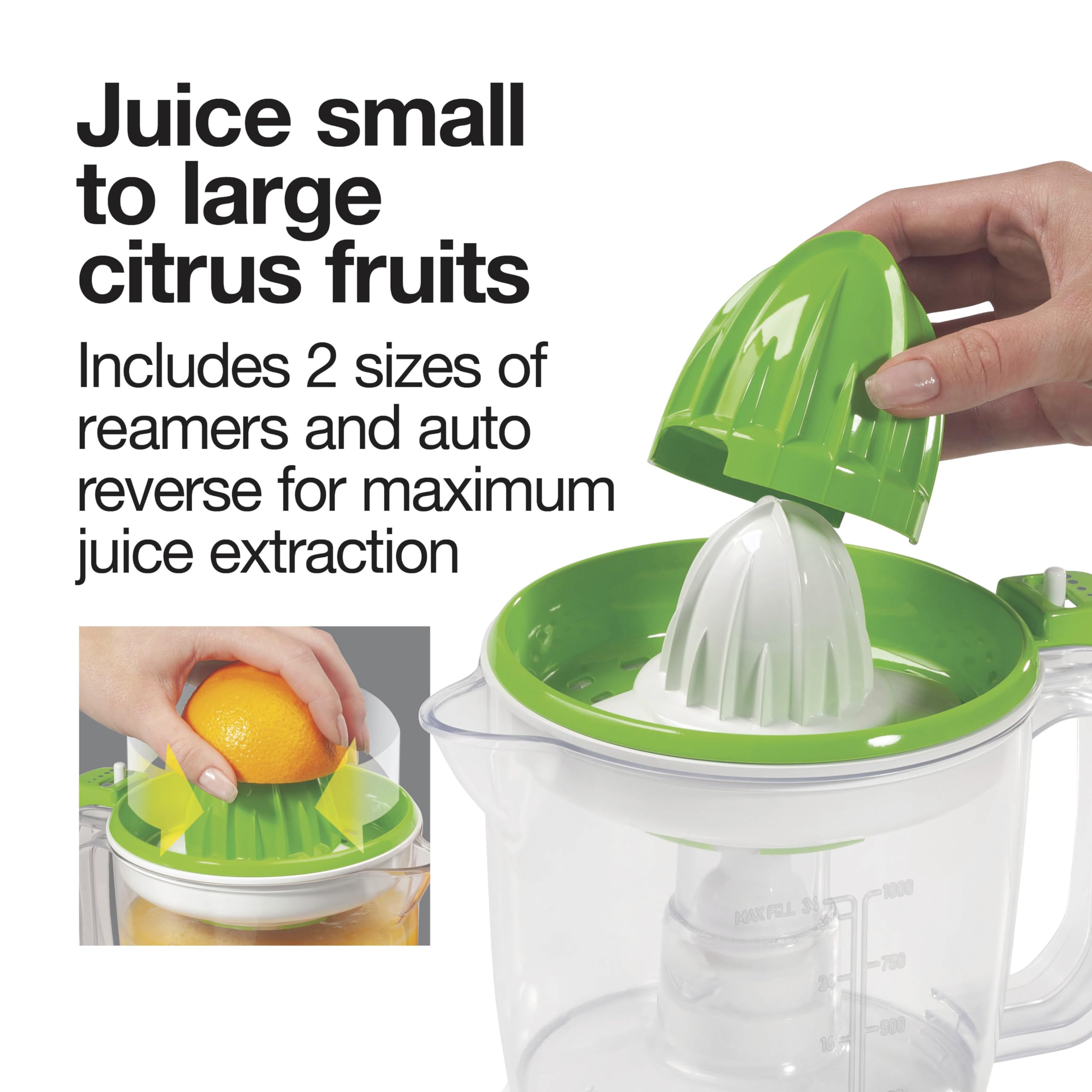 Proctor Silex Electric Citrus Juicer Machine, Large 34 oz. Pitcher, Pressure Activated, 2 Reamers for Big and Small Fruit, Pulp Control, for Orange, Lemon, Grapefruit Juice, White & Green (66340)