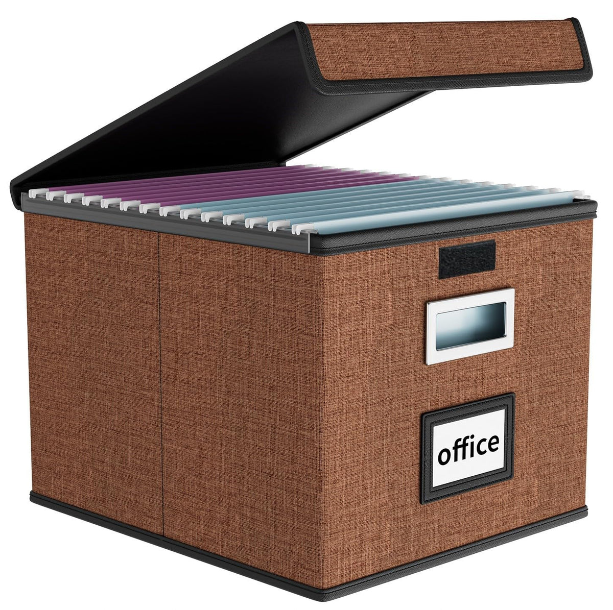 File Organizer Box with Lid, Collapsible Faux Leather Hanging File Folder Box Organizer with Plastic Slides, Decorative Home/Office Filing System Boxes for File and Folders Storage