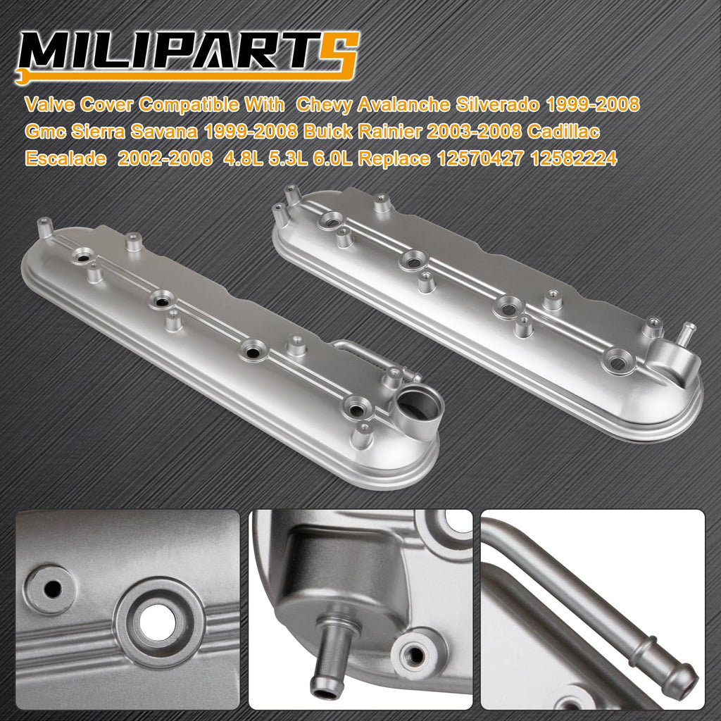 Upgrade Aluminum Engine Valve Covers Compatible with 1999-2008 Cadillac Escalade Chevy Silverado, Suburban Tahoe Trailblazer GMC Sierra Yukon Replaces Parts 12570427 12582224