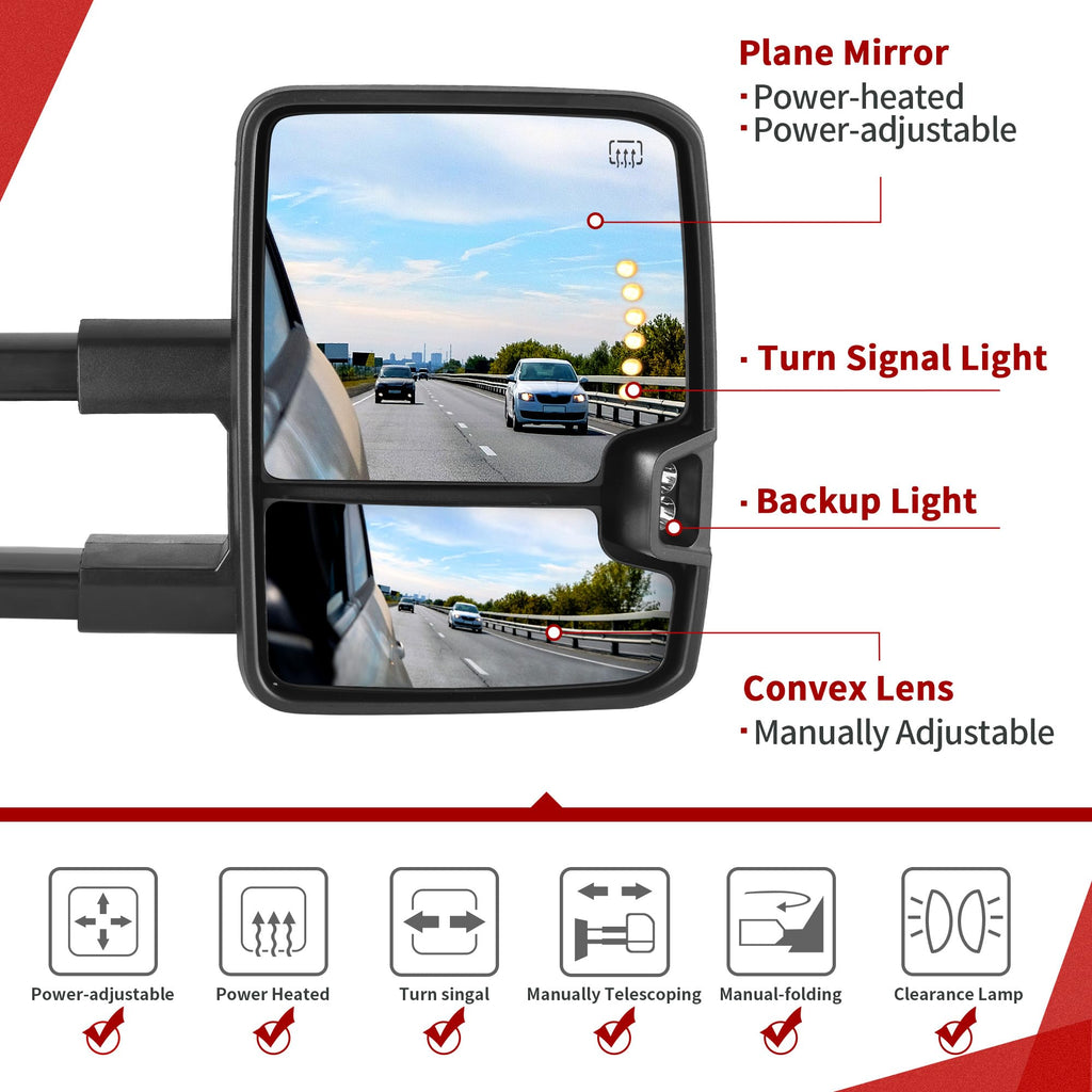 YITAMOTOR Towing Mirrors Compatible with 07-13 Silverado 1500 2500 3500 Tahoe Suburban Avalanche GMC Sierra Yukon Cadillac LED Turn Signal Light Power Heated Manual Telescoping Folding