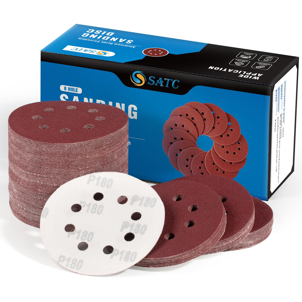S SATC 72 PCS 5 Inch 8 Hole Hook and Loop Adhesive Sanding Discs Sandpaper for Random Orbital Sander 40 60 80 120 180 240 320 Grits
