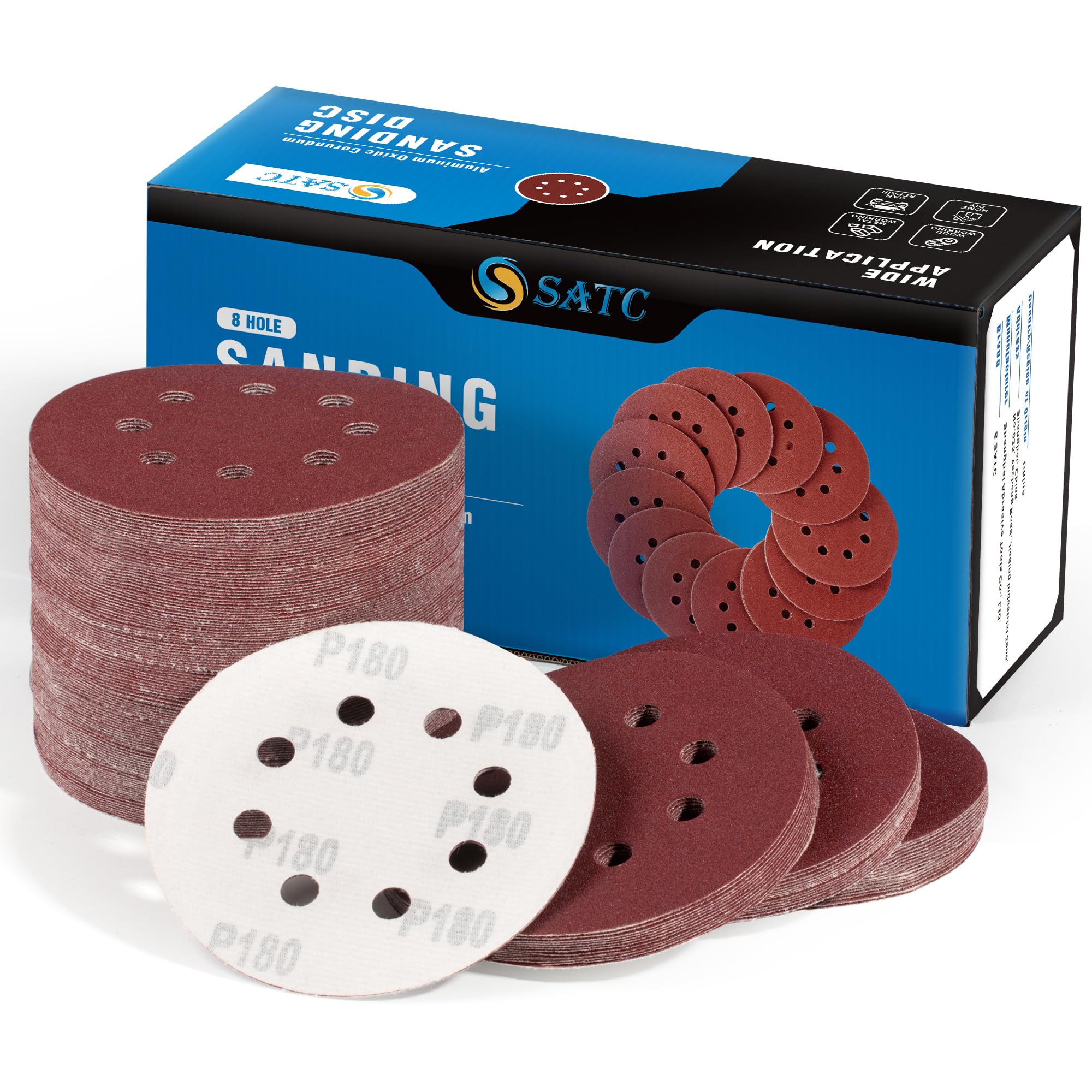 S SATC 72 PCS 5 Inch 8 Hole Hook and Loop Adhesive Sanding Discs Sandpaper for Random Orbital Sander 40 60 80 120 180 240 320 Grits