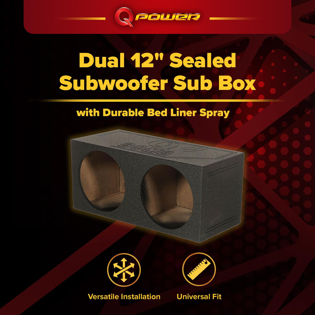 QPower 12 Inch Dual Subwoofer Box, High-Performance Vented Speaker Enclosure, Black - Car Audio and Sound System Accessories - Portable Equipment for Subwoofers