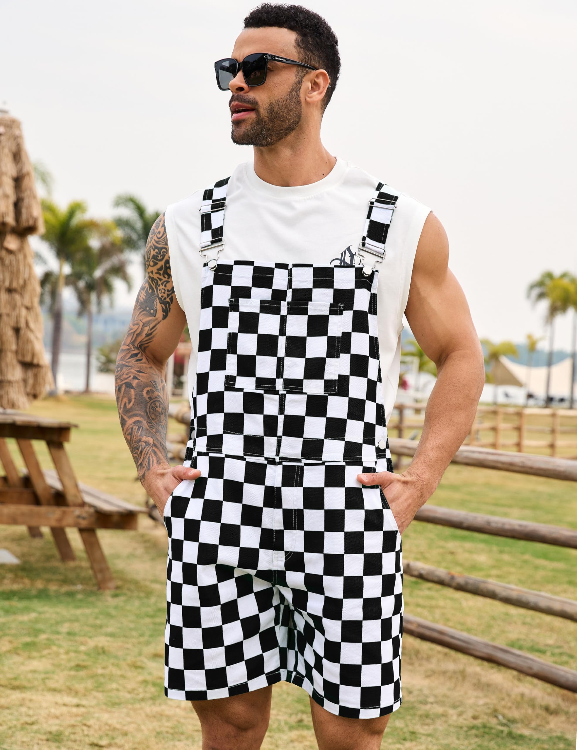 Odefou Checkered Bib Overalls for Men Jumpsuit Shorts Work Coveralls