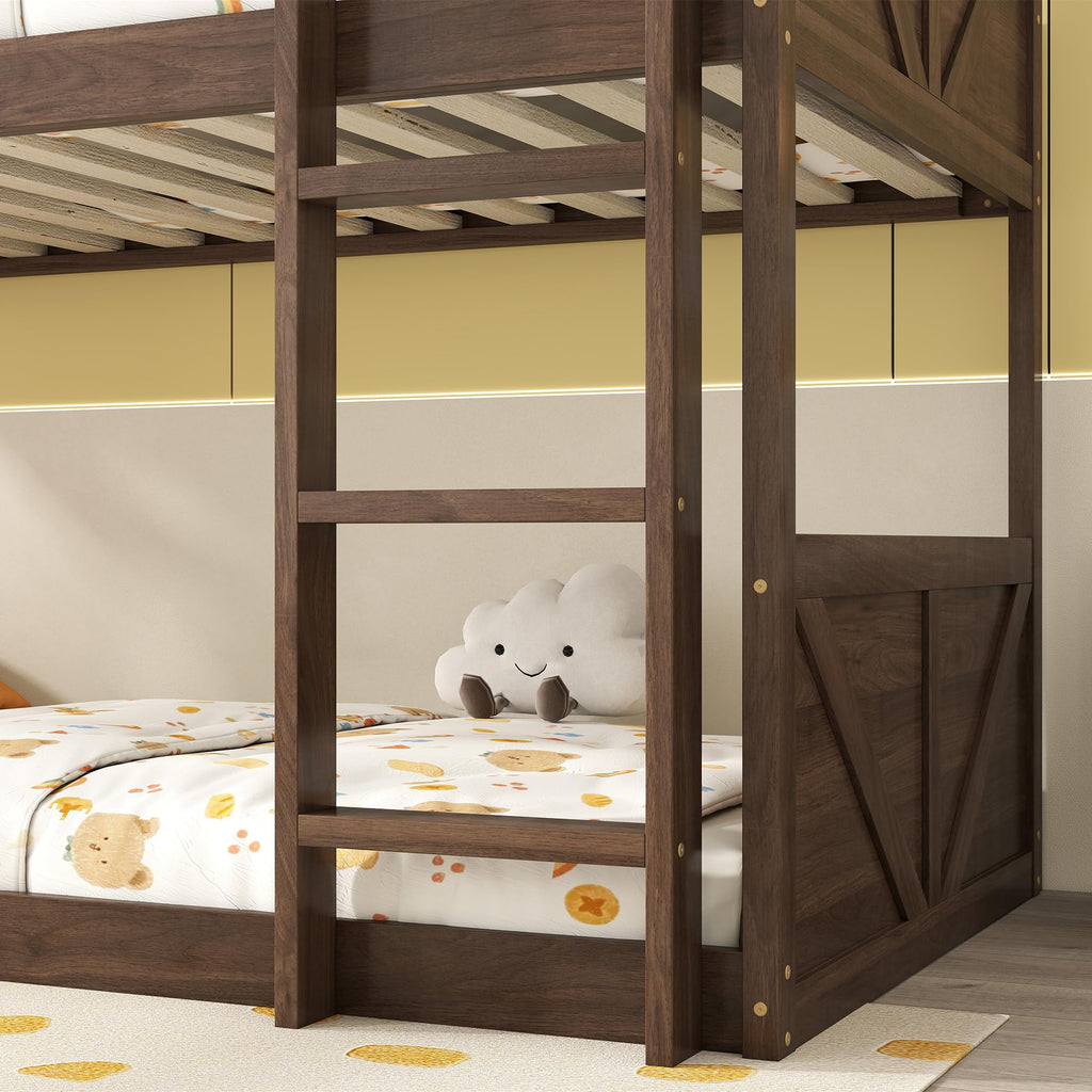 Bunk Bed Twin Over Twin, Wood Low Profile Floor Twin Bunk Beds with Headboard Ladder Guardrails for Kids Boys and Girls, No Box Spring Needed