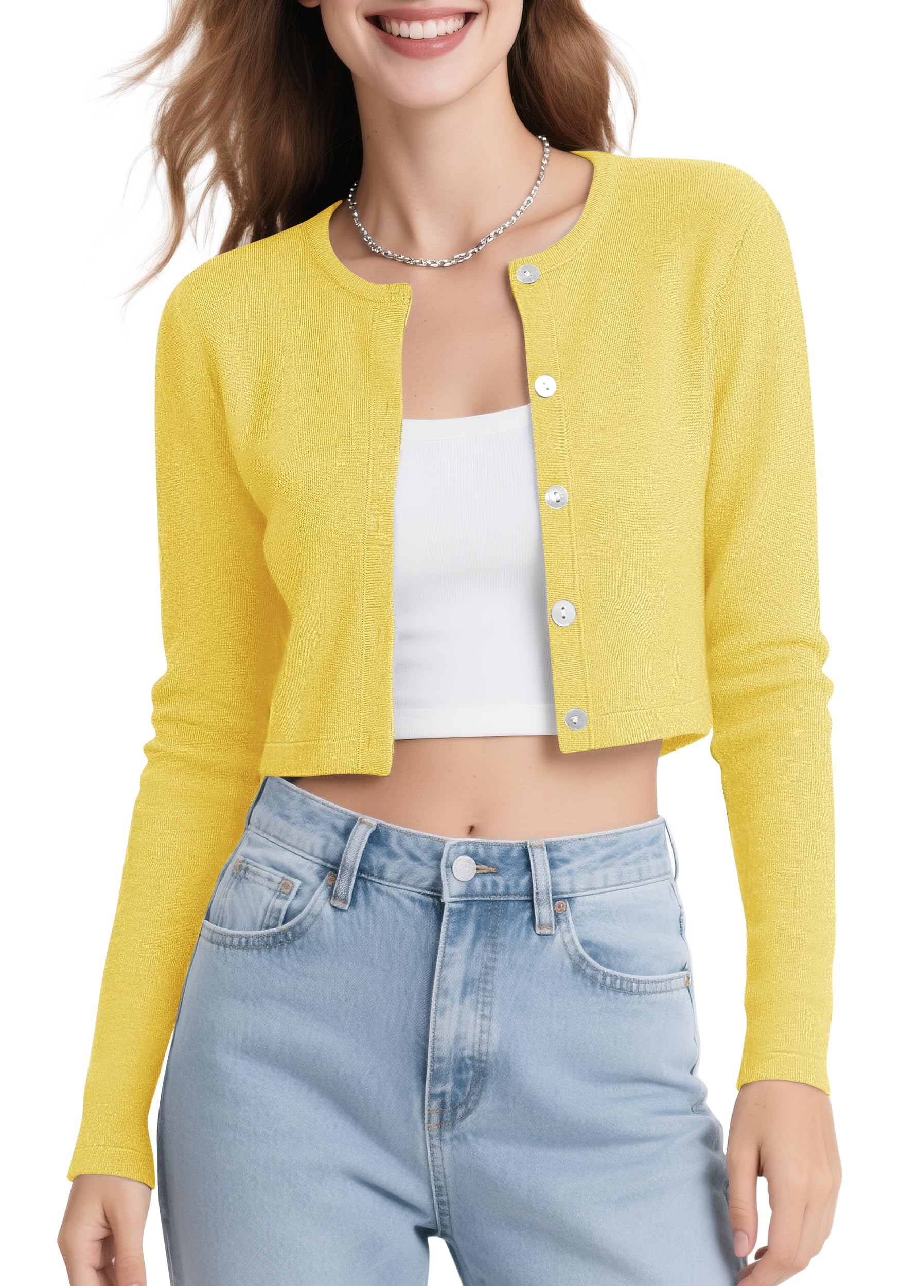 Urban CoCo Women's Long Sleeve Button Up Cropped Cardigan Sweaters for Women Crew Neck Short Bolero Shrug for Dresses