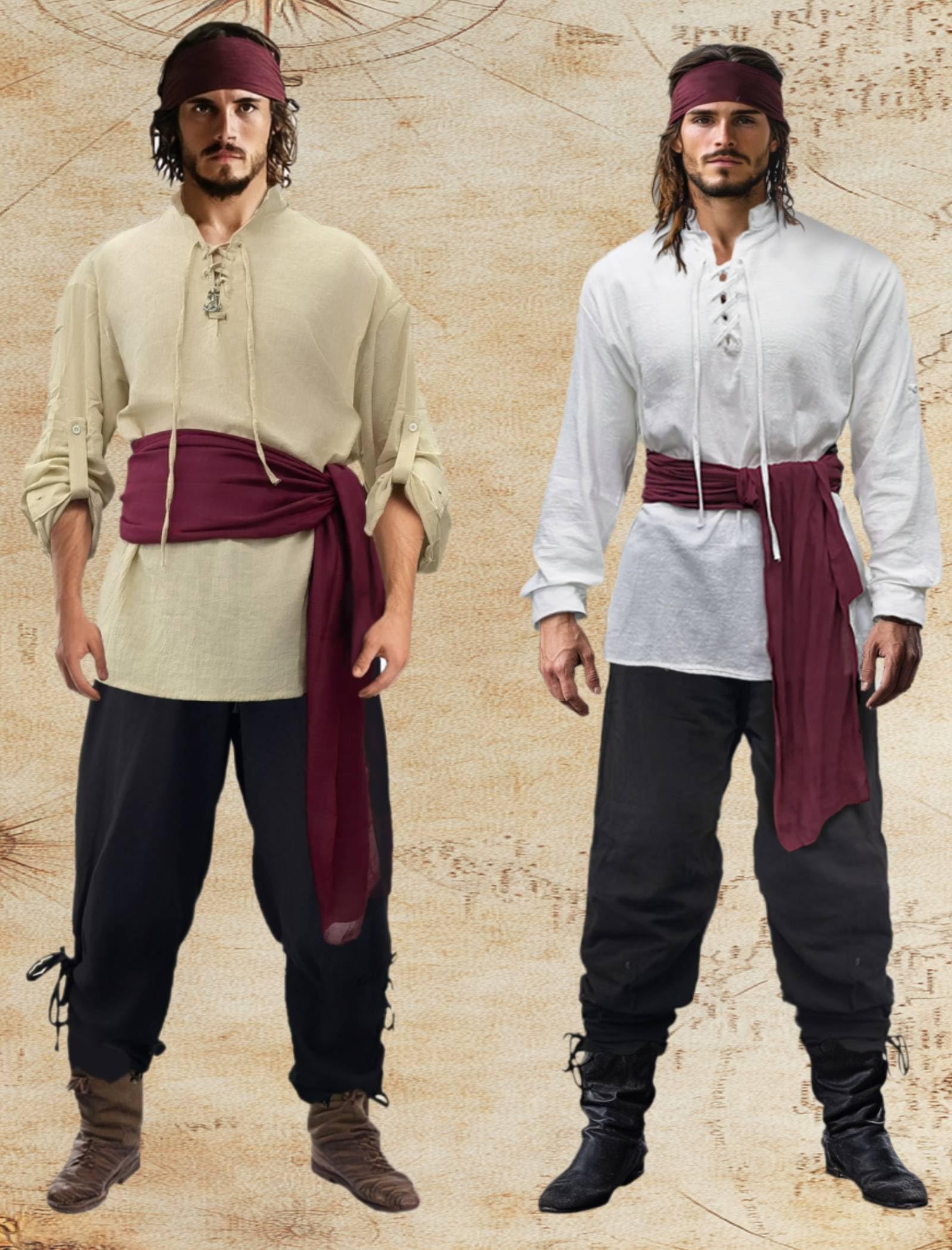 Verceco Mens Pirate Costume Outfit Renaissance Costume Men Medieval Outfit With Pirate Pants Shirts Sash Accessories (Black, Medium)