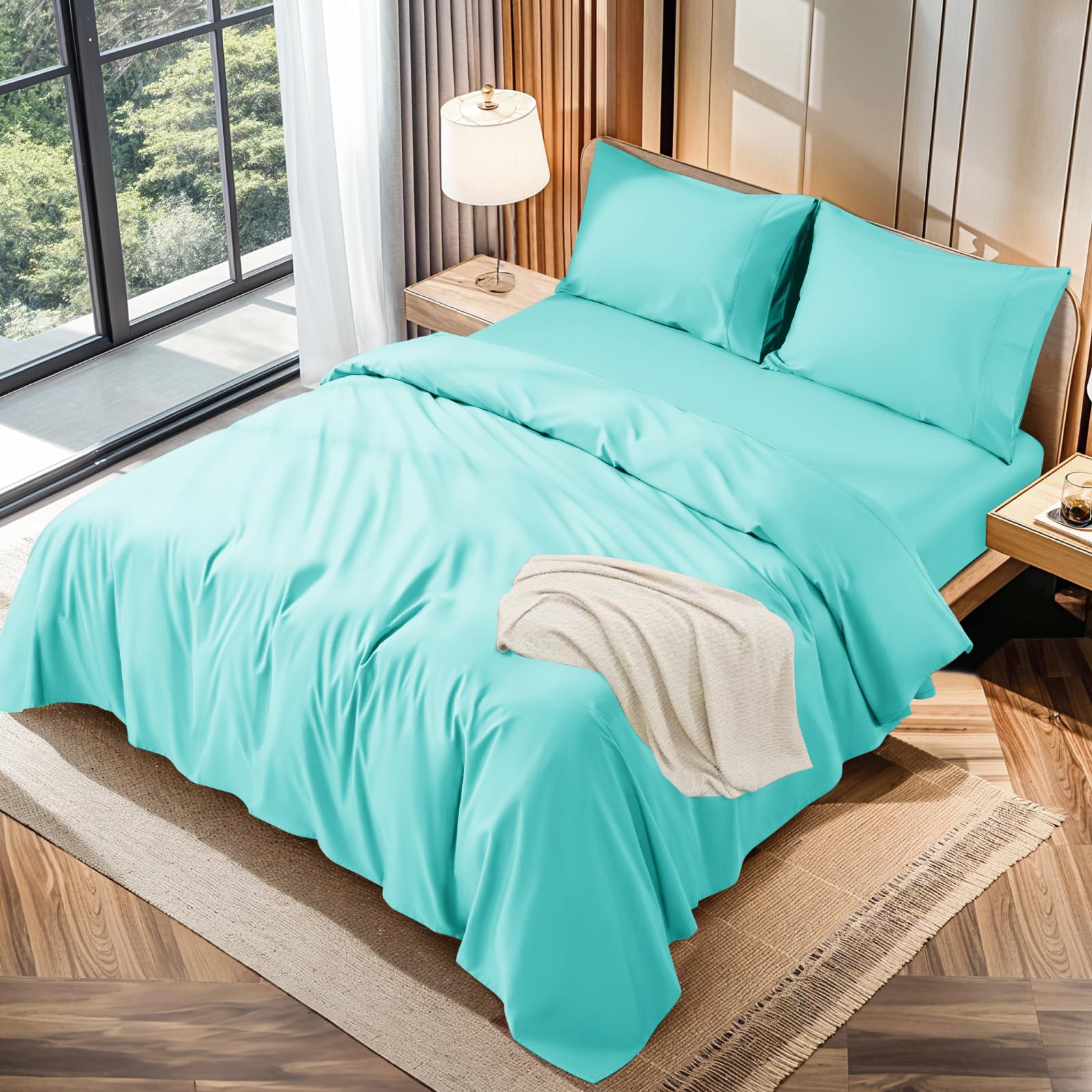 LBRO2M 100% Cotton 1200 Thread Count Full Size Sheets Set,16 inches Deep Pocket,Bed Sheet 4 Piece Sets (Black, Full)
