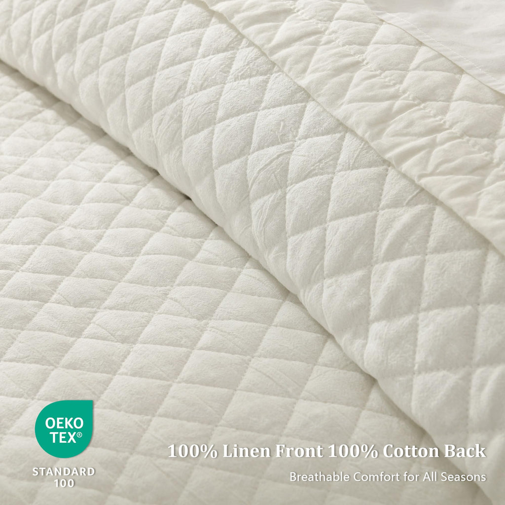 Grassix Linen Quilt Set Queen Size 3-Piece, 100% Linen Front & Cotton Back, Prewashed Diamond Stitch Bedspread with 2 Shams, Lightweight Breathable Quilt for Hot Sleepers, Modern Farmhouse Bedding