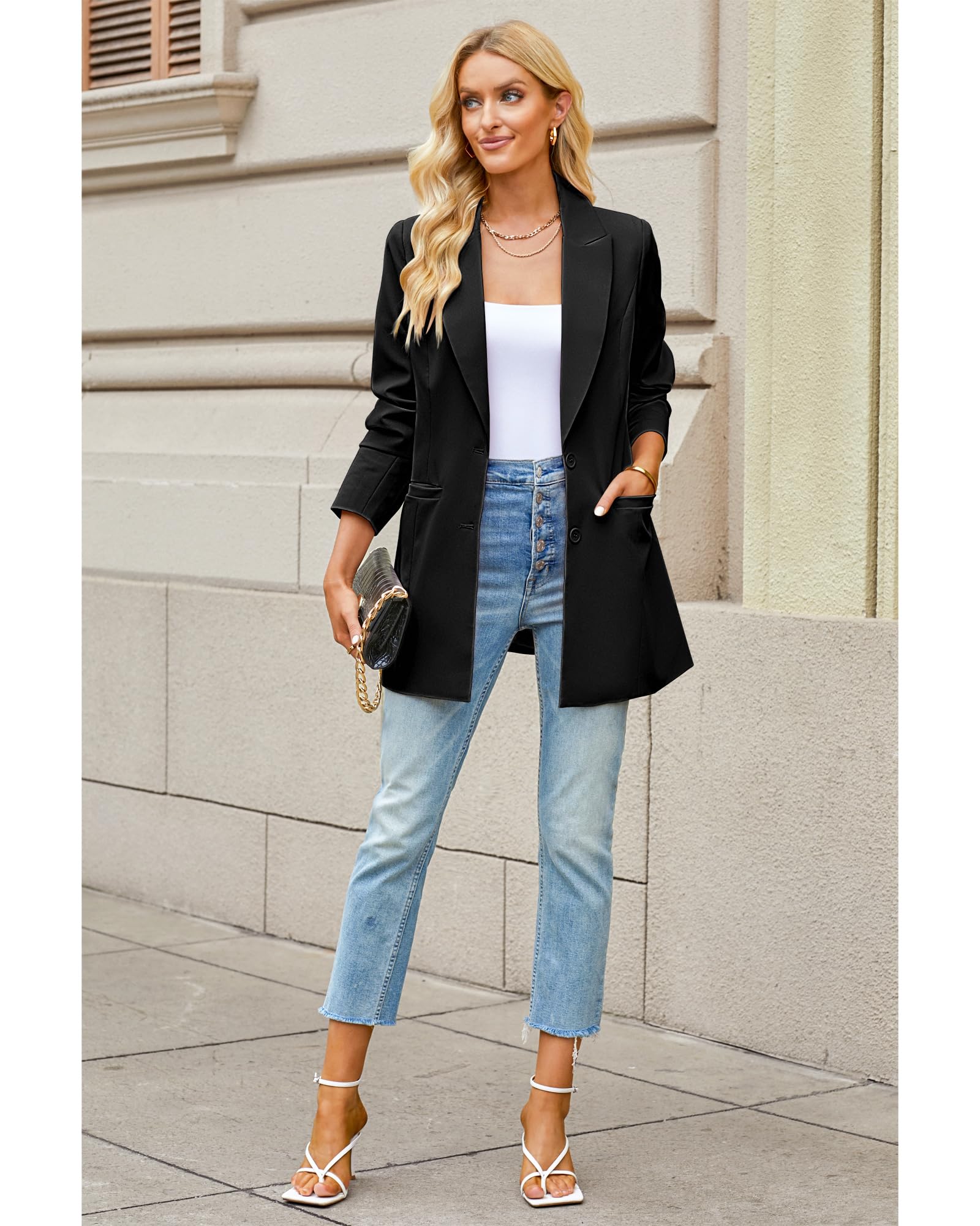 luvamia Blazers for Women Business Casual Long Blazer Jackets Dressy Work Professional Office Outfits Lapel Pockets