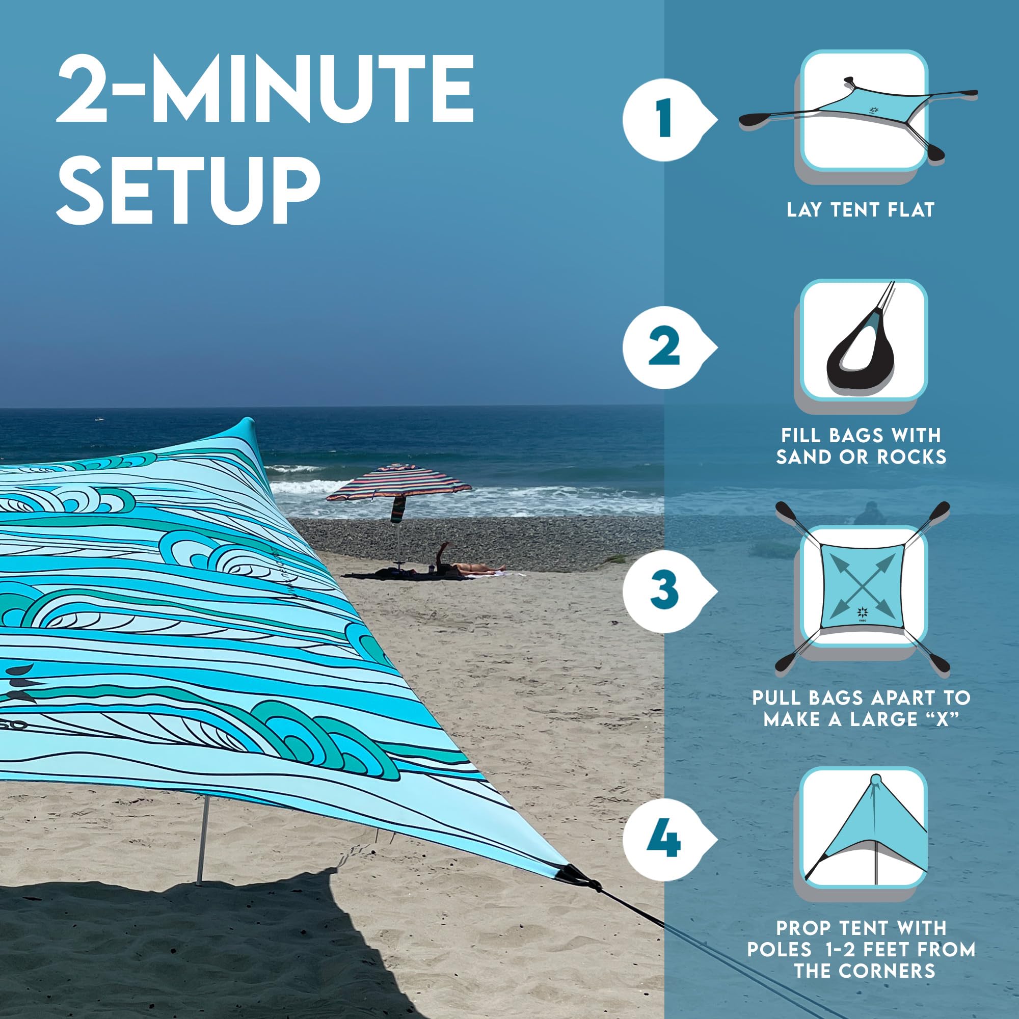 Neso Gigante Portable Beach Tent Sun Shelter - Lightweight Beach Shade Canopy - Easy Setup for Family Outings - Patented Reinforced Corners - UPF 50+ - 8ft Tall, 11 x 11ft - Save The Whales