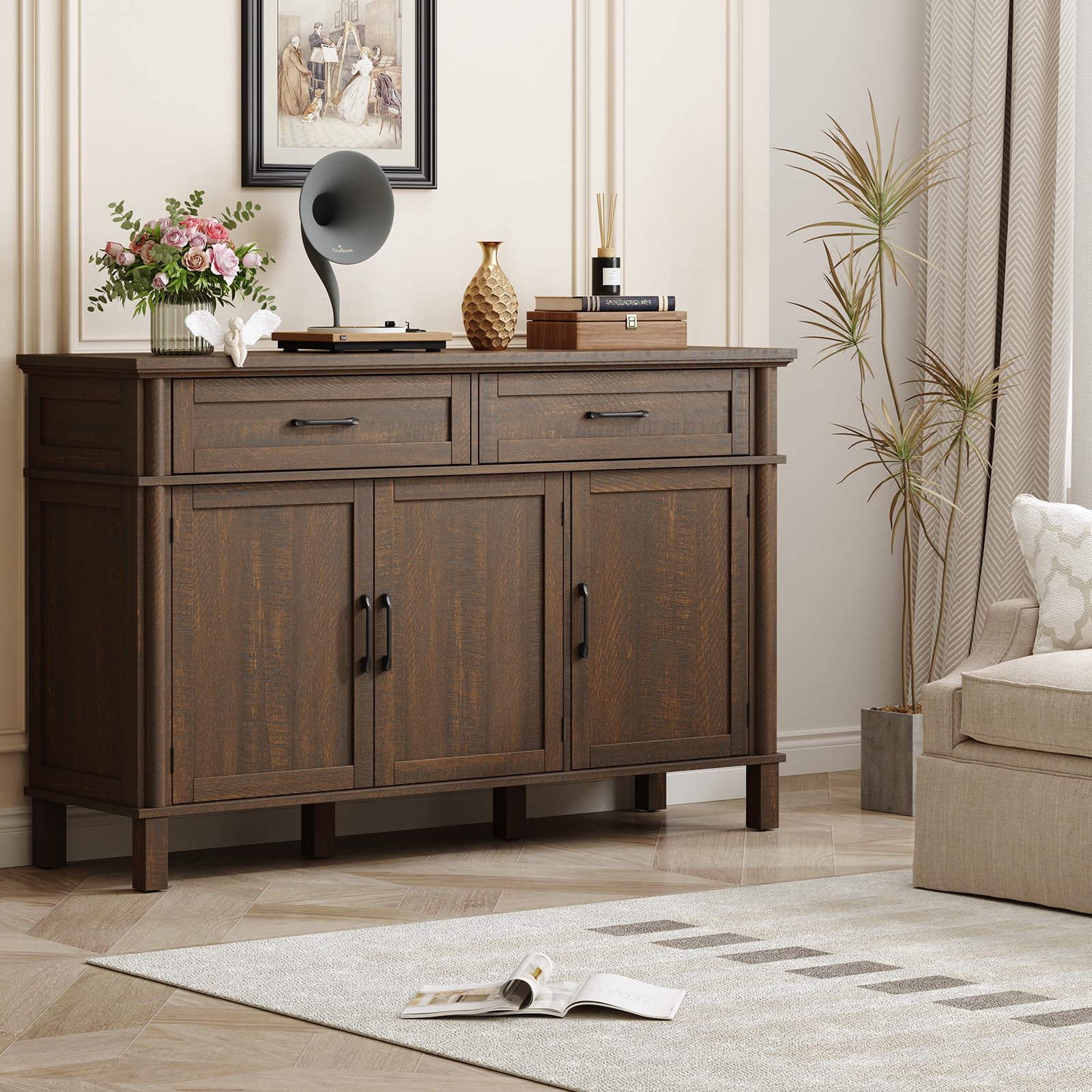 ONBRILL 48 Inches Buffet Cabinet with Storage, Farmhouse Sideboard Buffet w/2 Drawers and 3 Doors, Wood Coffee Bar Cabinet with Adjustable Shelves, Sideboard Storage for Kitchen, Living Room, Black